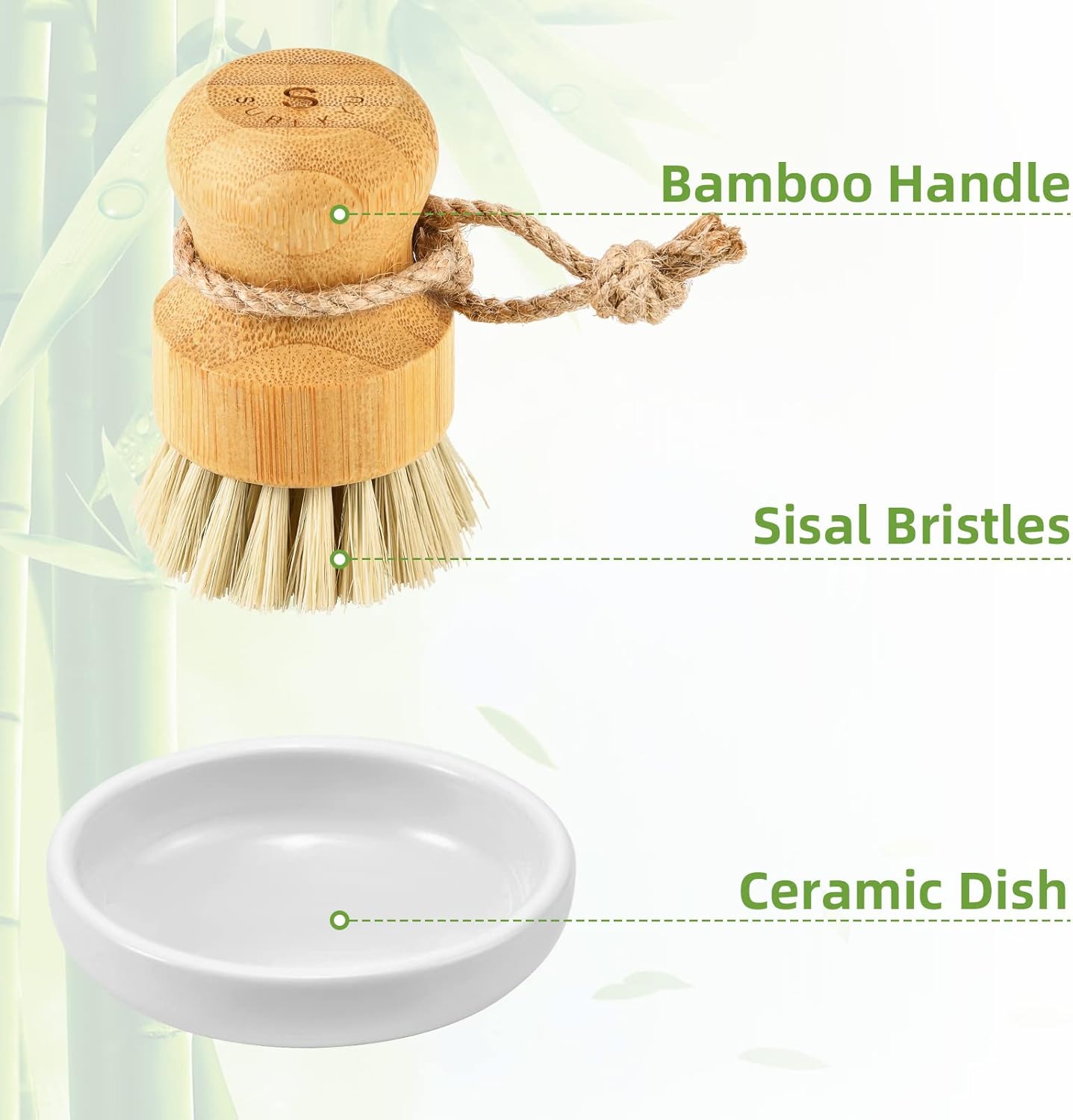 Detalle de Bamboo Dish Scrub Brushes, 3-Piece Set for Cast Iron and Everyday Kitchen Cleaning
