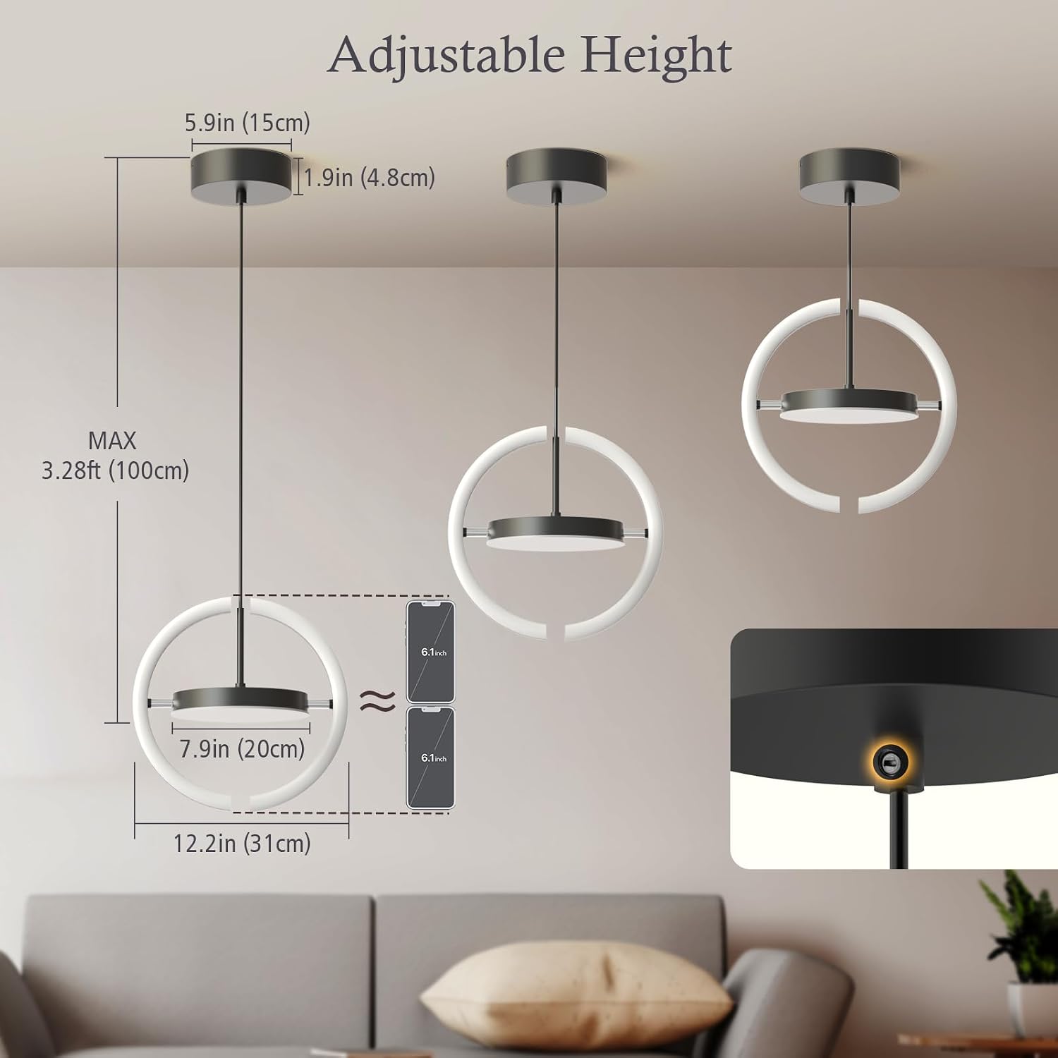 Detalle 2 de FIMEI JMY9020 LED Pendant Light, Dimmable Saturn Ring, Adjustable Colour