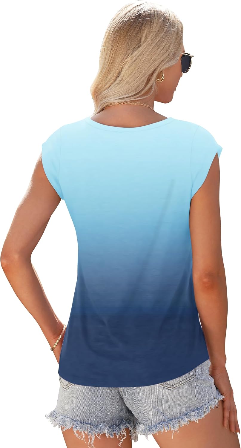 Detalle de WNEEDU Damen Sommer T‑Shirt mit V-Ausschnitt und Batwing-Ärmeln – Leicht, Luftig, Vielseitig