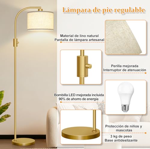 Detalle 2 de Lámpara de pie regulable Nintiue, arco dorado de 165 cm para salón