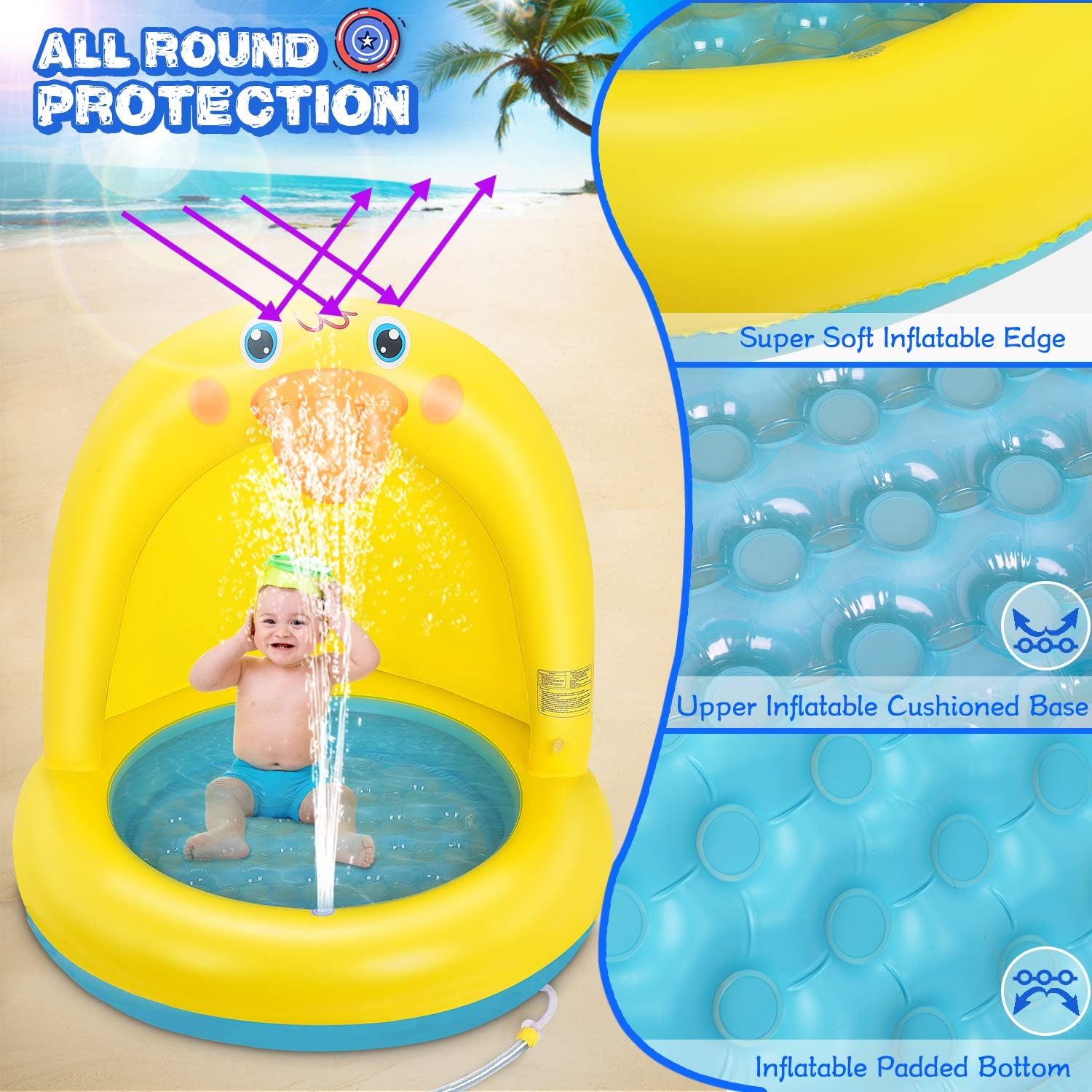 Thumbnail 3 de Planschbecken Für Kinder – BabyPool mit Entchen-Design, UV-Schutz und aufblasbarem Sprinkler
