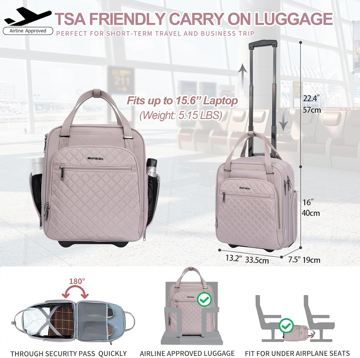 Detalle de EMPSIGN Handgepäcktasche mit Rädern unter dem Sitz (40,6 cm) – Dusty Pink