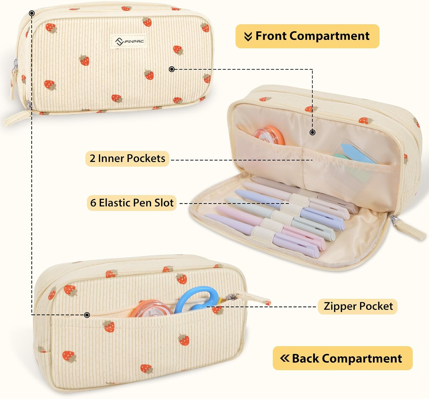 Detalle 2 de FINPAC Pencil Case: Double-Layer Corduroy 3-Compartment Case for Heavy Paperwork and Pens