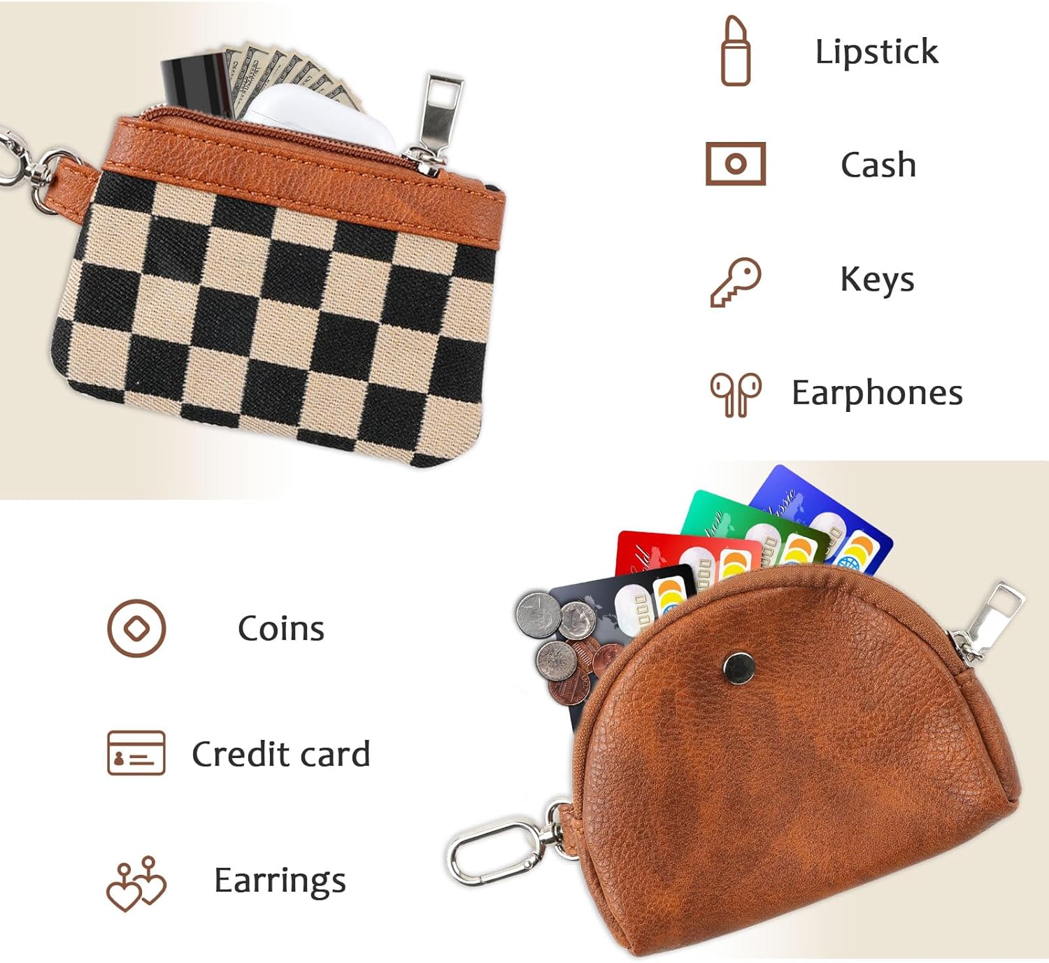 Detalle de Mini Wristlet Geldbörse mit abnehmbarem Armband (Canvas) – braun/beige Hahnentritt, für Damen & Herren