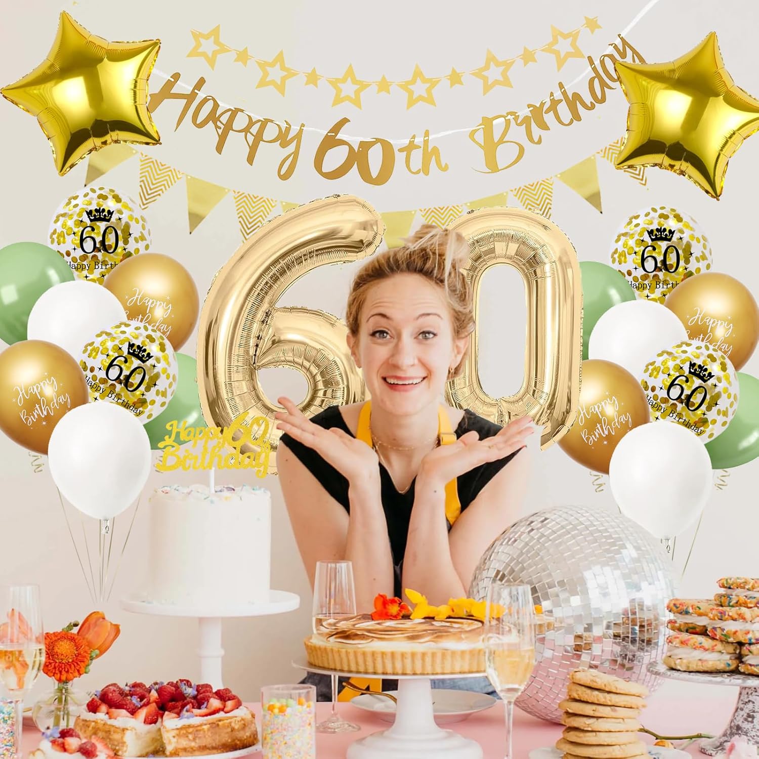 Thumbnail 6 de 18. Geburtstag Deko Set in Salbeigrün, Gold & Weiss – Ballons, Banner, Cake Topper und mehr
