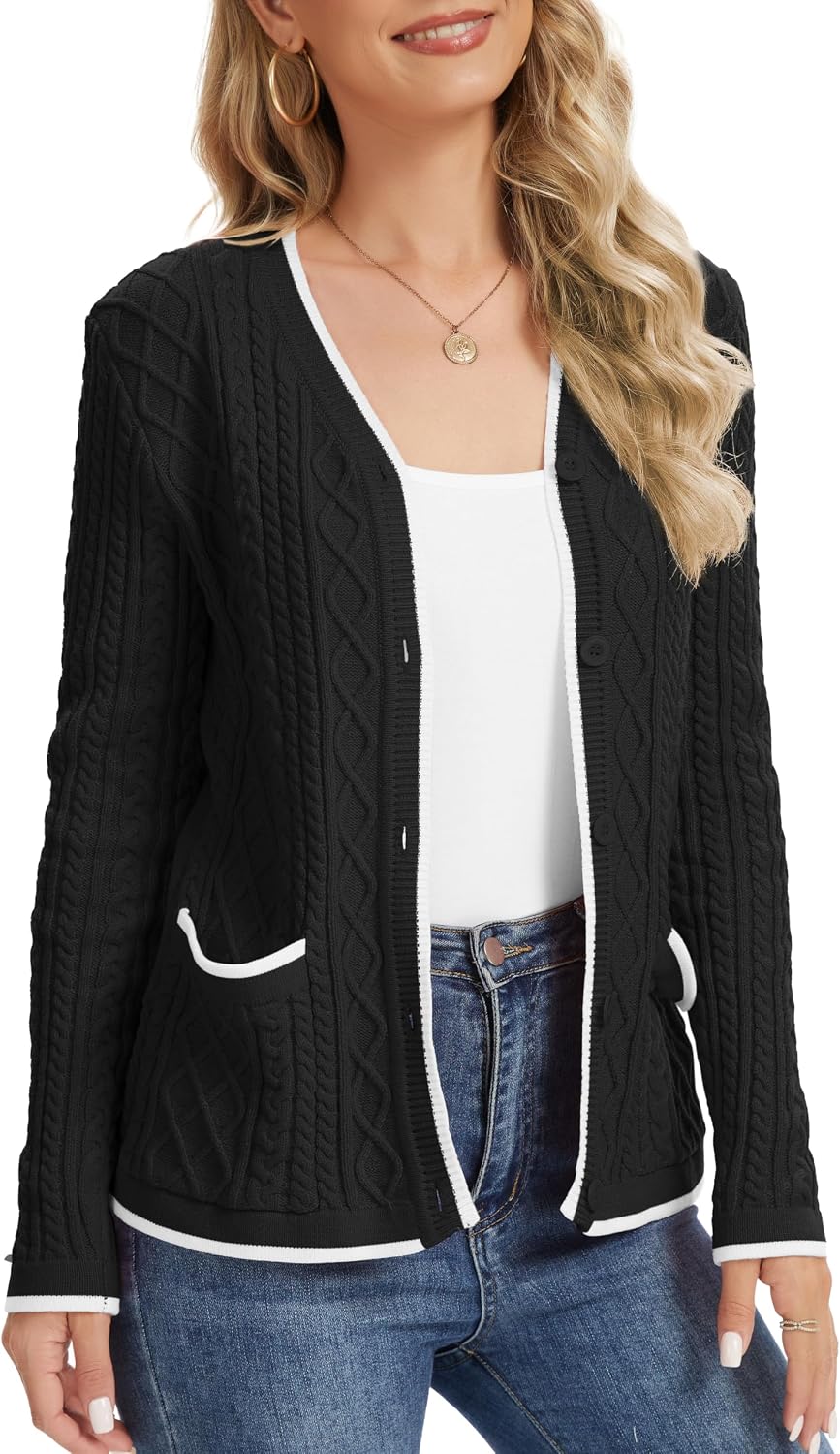 Detalle 2 de QUEZHU Women's V-Neck Button Cardigan with Pockets