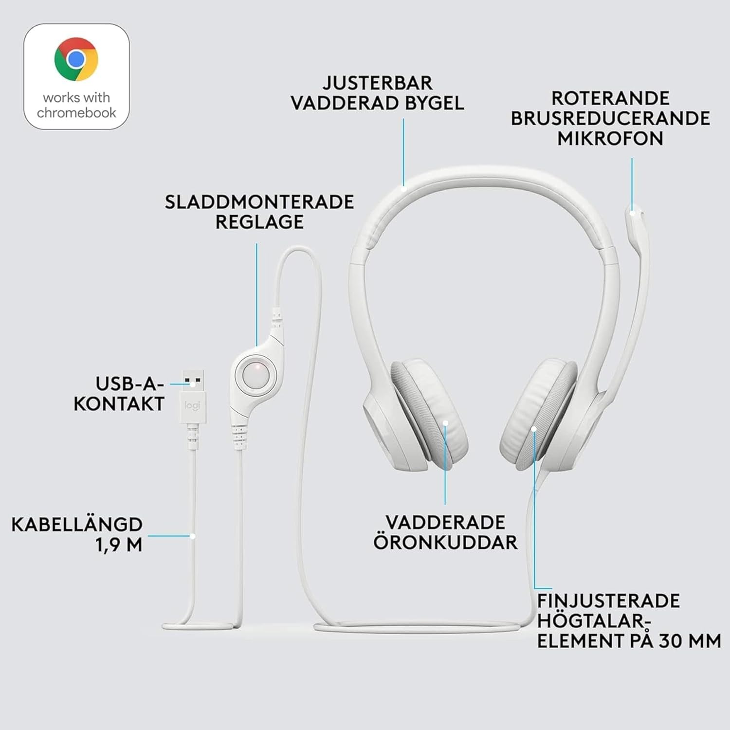 Thumbnail 6 de Logitech H390 kabelgebundene USB-A Headset für PC & Laptop mit Noise-Cancelling Mikrofon (Inline-Steuerung) – Weiß