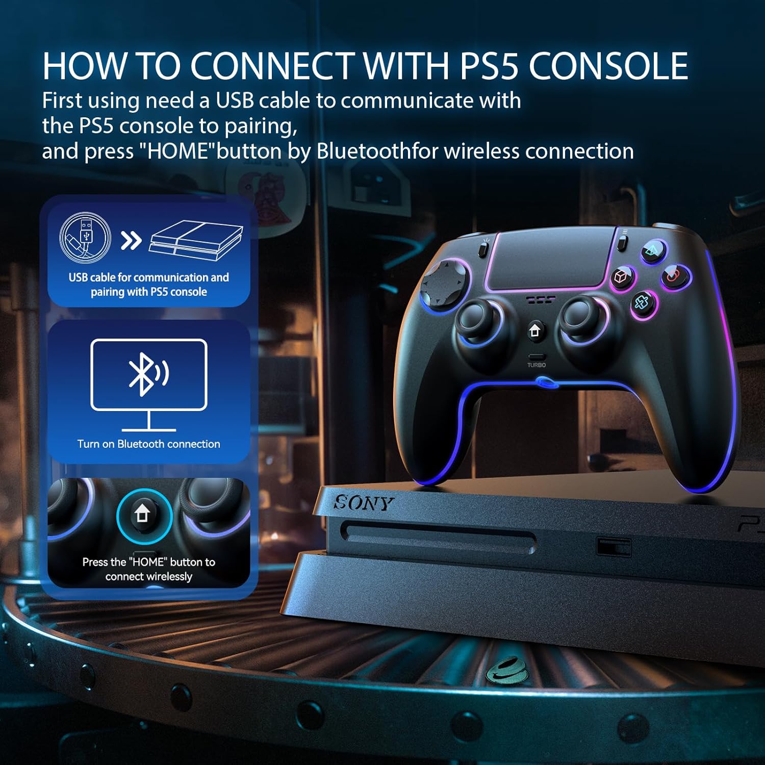Detalle de Controller wireless JORREP per PS5/Pro/Steam Deck/PC/MAC/iOS con illuminazione RGB e doppia vibrazione