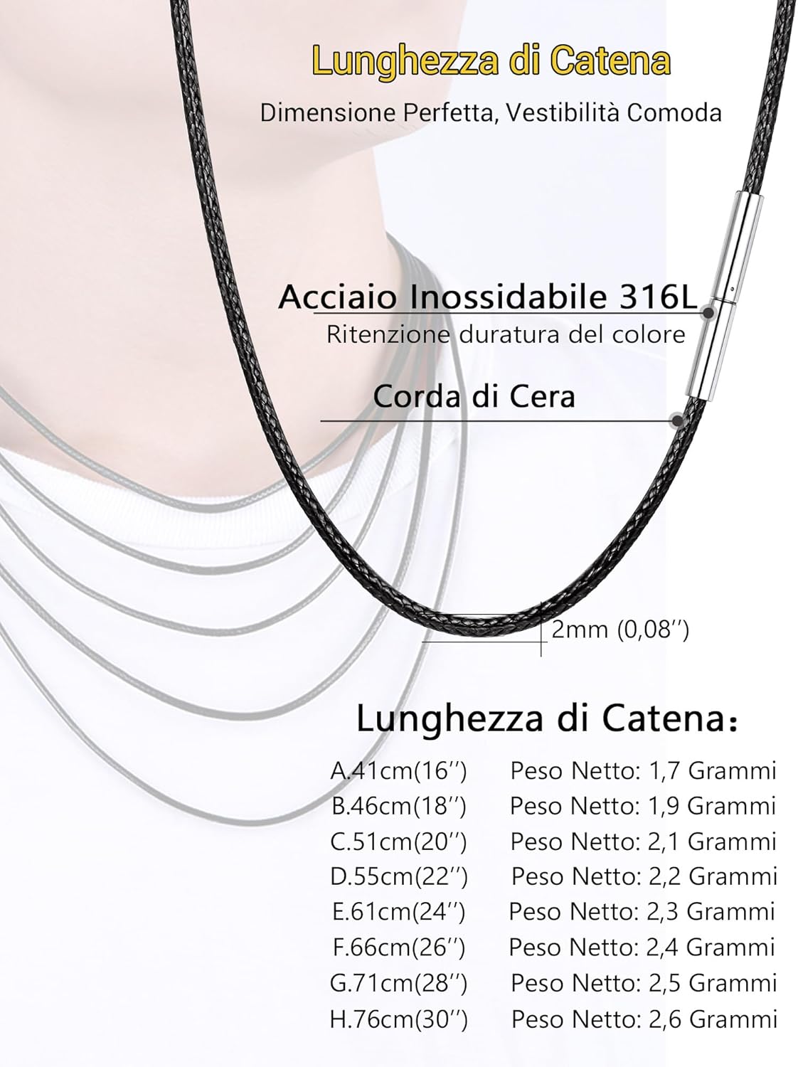 Thumbnail 5 de PROSTEEL collana da uomo in pelle nera intrecciata 2mm con chiusura in acciaio inox (lunghezze 41–76 cm)