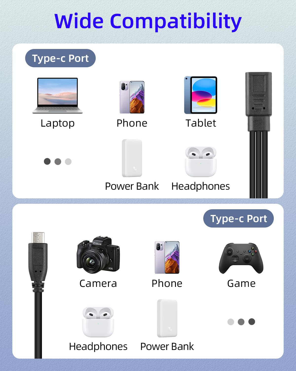 Thumbnail 4 de RIIEYOCA 3 in 1 USB C Cable: 3 Type-C Ports for Charging Only (1FT, 2 Pack)