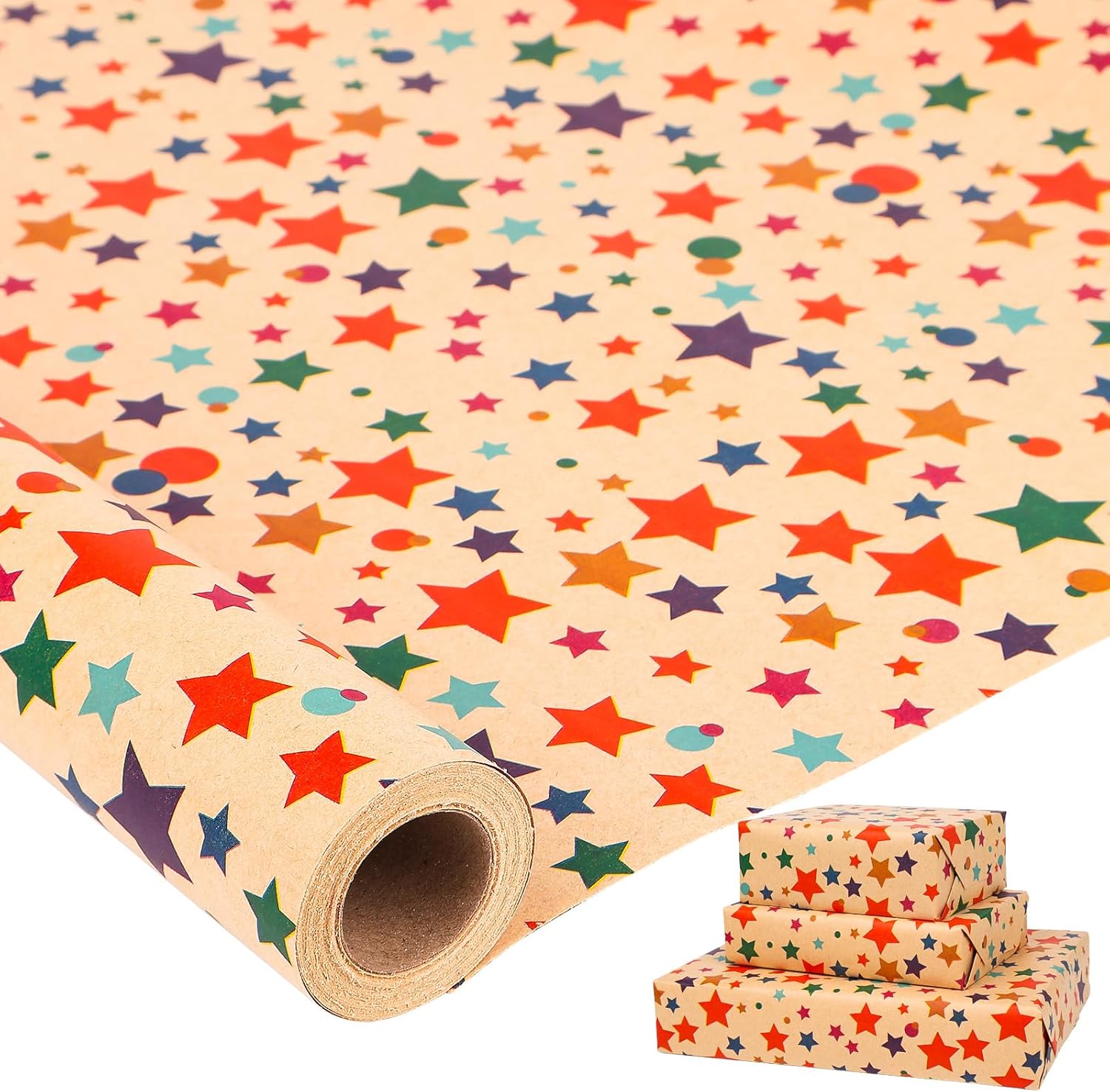 Detalle de HBell Stars Wrapping Paper Roll (43cm x 10m) – Colourful Star Kraft Gift Wrap