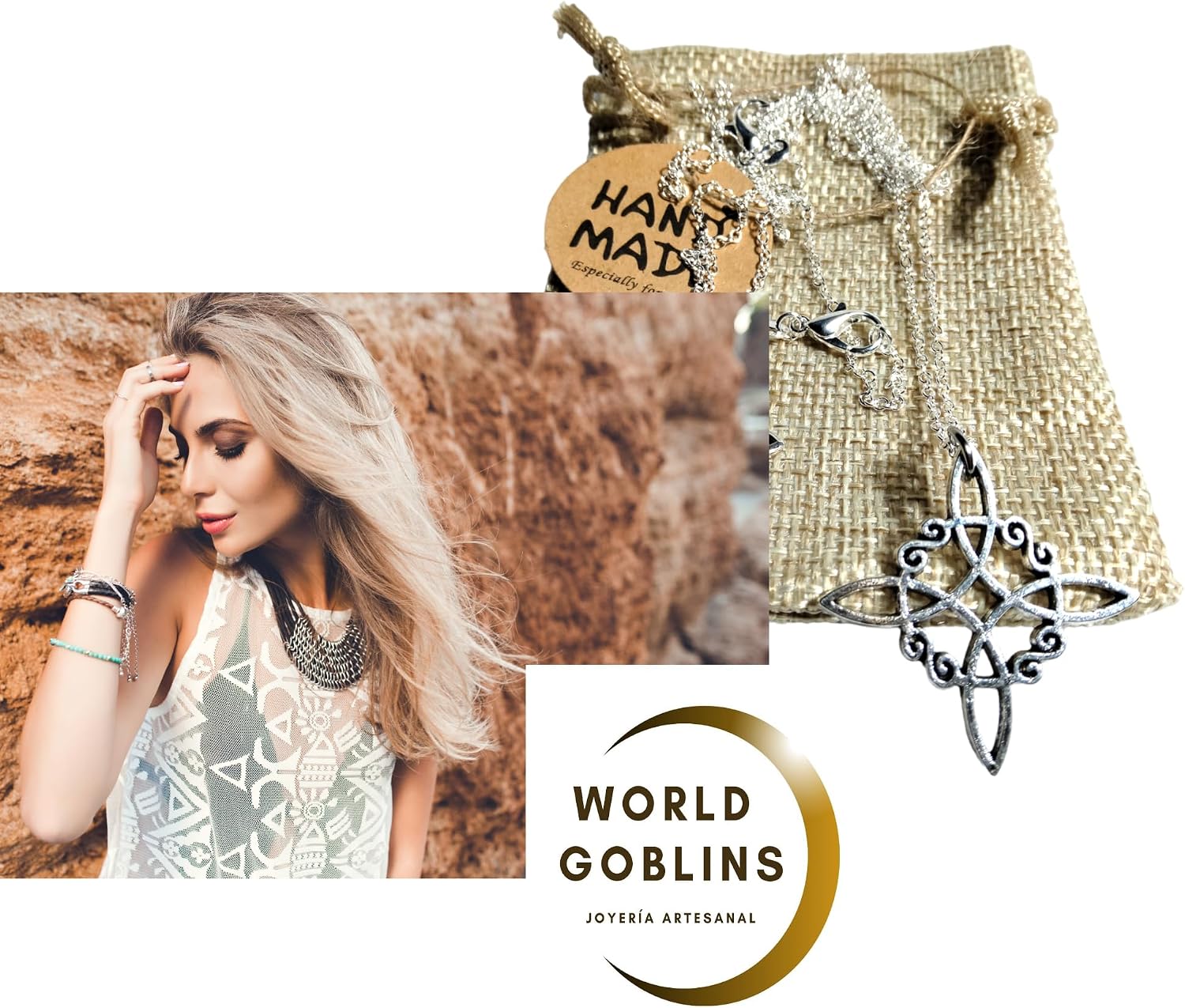 Detalle de Collar Nudo de Bruja de WORLD GOBLINS — Amuleto de Protección en Plata 12 µm (3 cm) con bolsa de yute hecha a mano