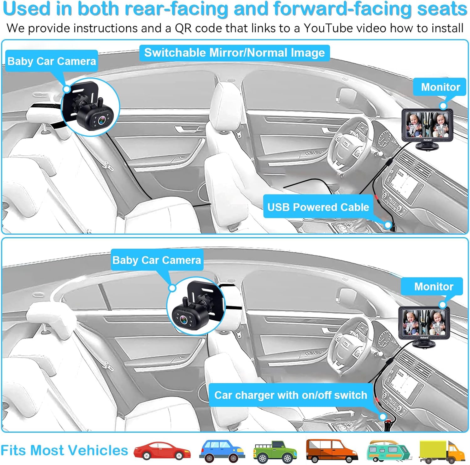Thumbnail 5 de Rohent Baby Car Camera 5-inch HD 1080P monitor with night vision (USB powered, rear & forward-facing)