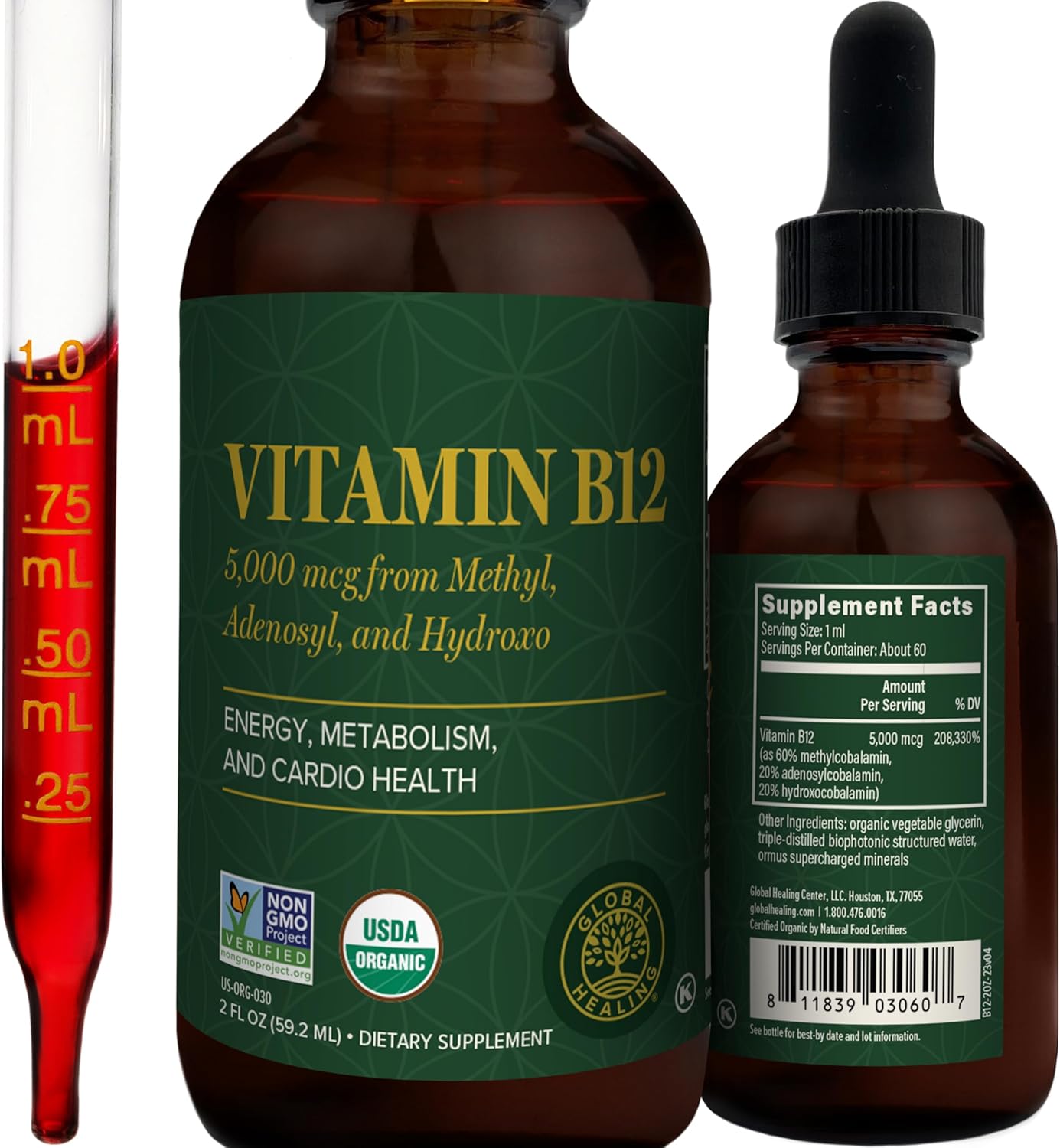 Detalle de Global Healing B12 5,000 mcg Sublingual Liquid Drops, Vegan, 2 oz
