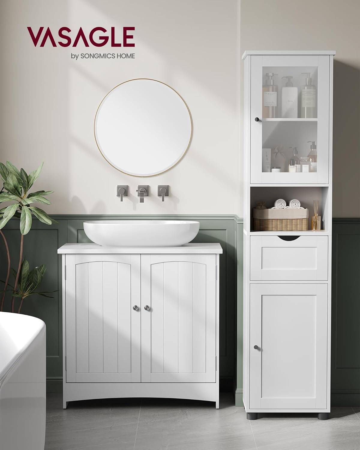 Thumbnail 1 de VASAGLE Meuble de salle de bain colonne blanc nuage BBK163W01 : rangement vertical avec étagères réglables