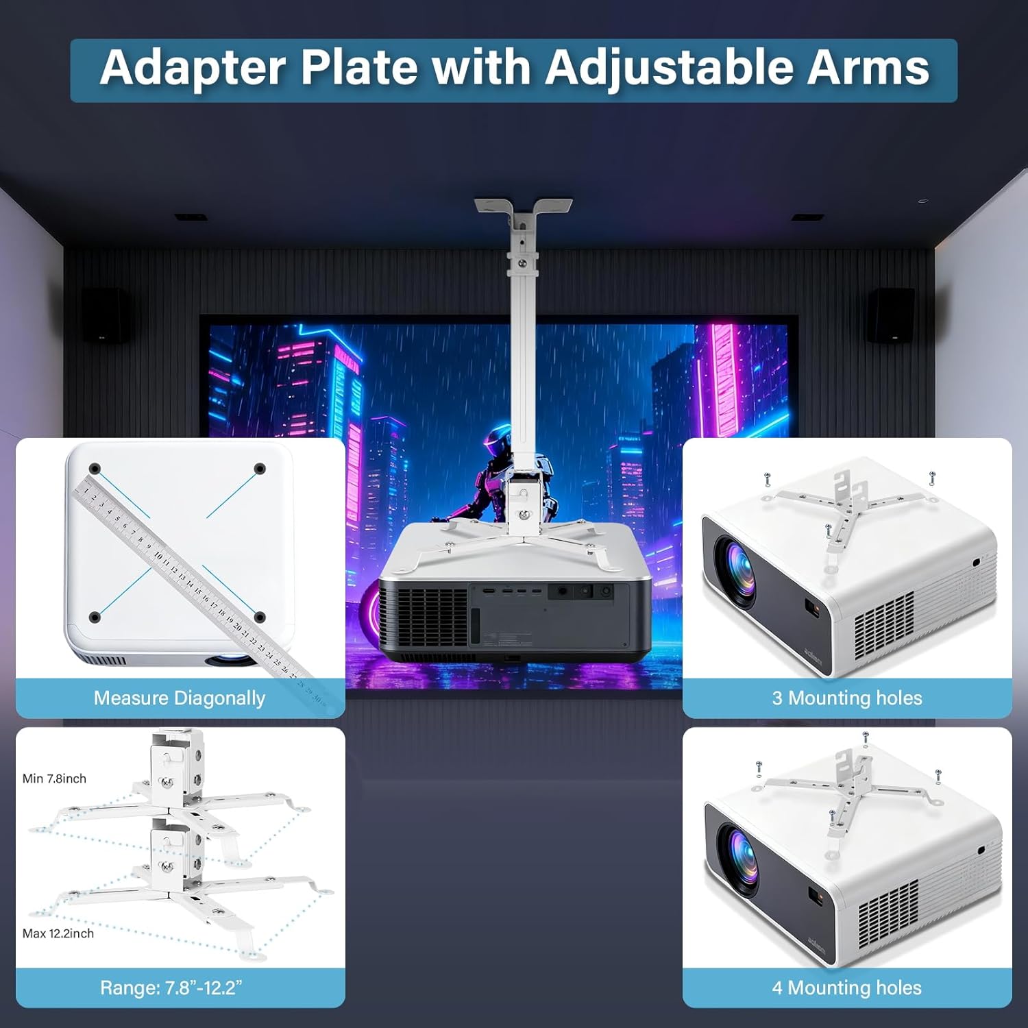 Thumbnail 4 de Vphom Universal Projector Mount Ceiling/Wall – 3-in-1 Bracket with Extension Pole & Cable Ties