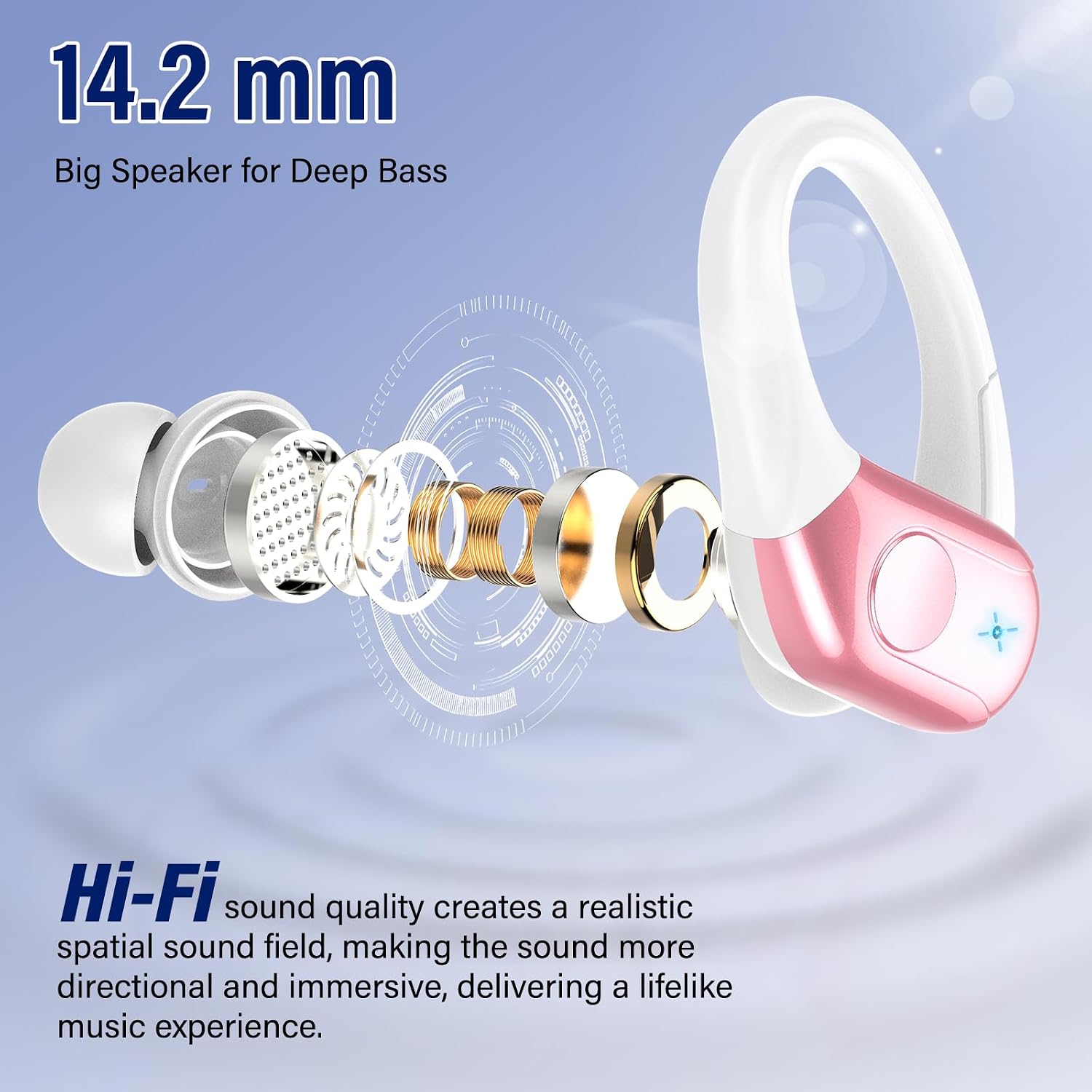 Detalle de Qecnato T12 Wireless Earbuds, IP7 Waterproof, Bluetooth 5.4, Blush Pink