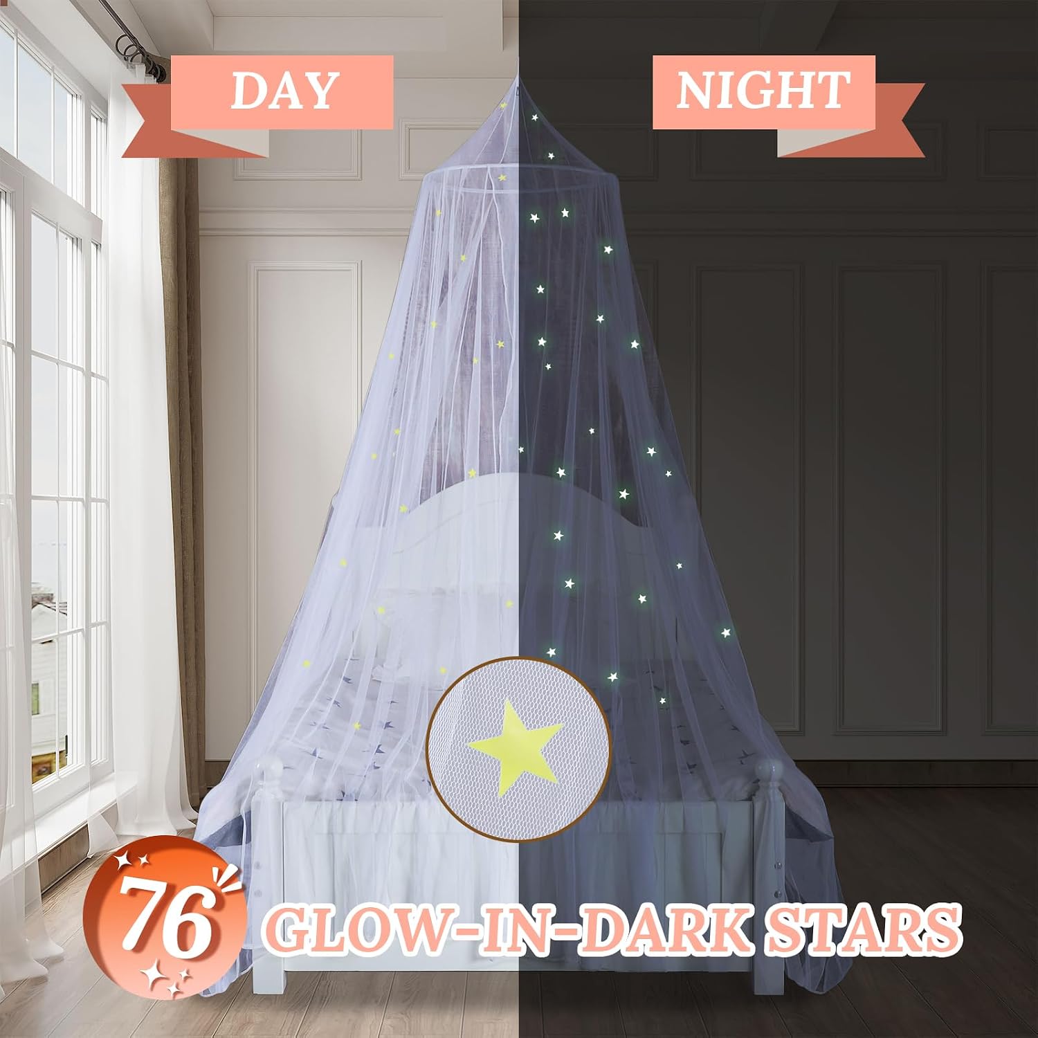 Detalle 2 de South To East Bedcanopy bedhemel met glow-in-the-darksterren en muggennet