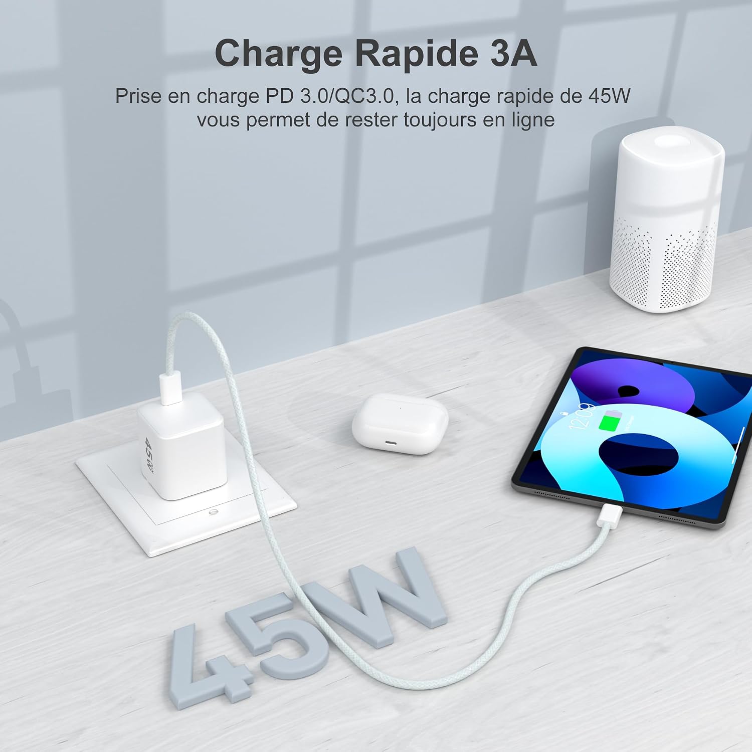 Detalle de YISH chargeur secteur USB-C 45W GaN avec câble USB-C 60W (1 m) et prise murale PD 3.0