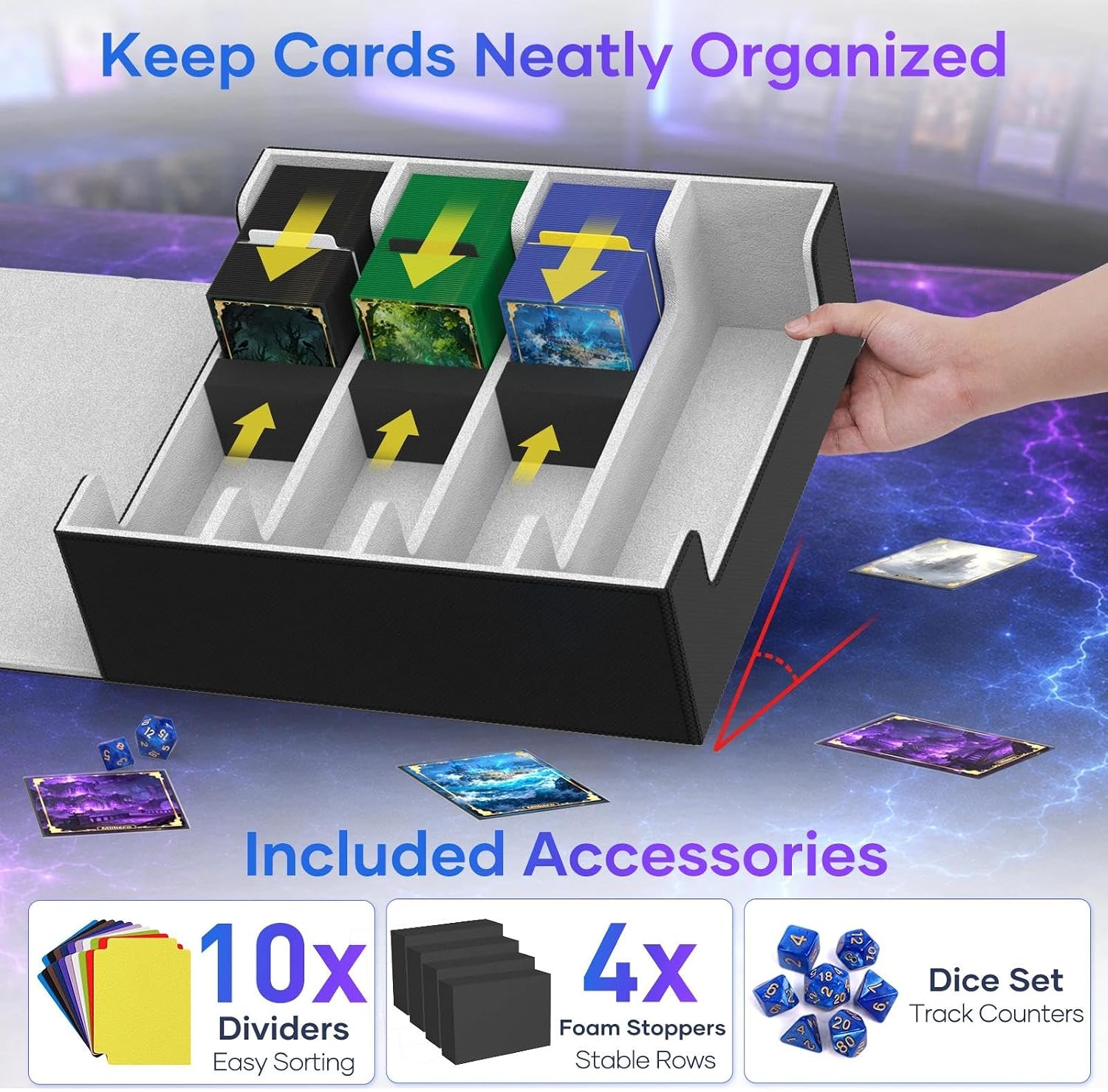 Detalle de Mlikero Card Deck Case (2400+ Trading Card Storage Box) with Magnetic Closure, 10 Dividers & Foam Stoppers