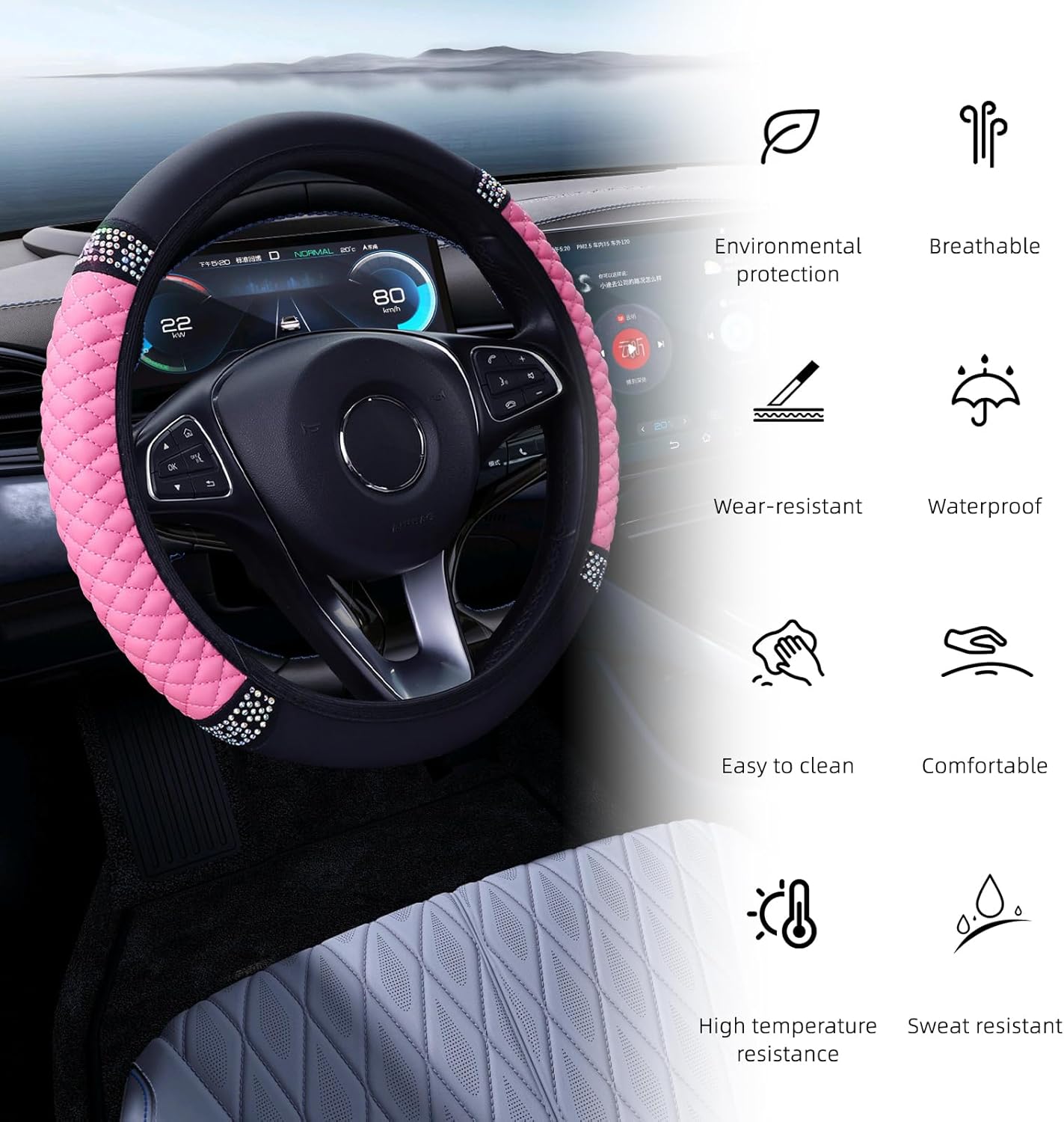 Thumbnail 3 de VidFair Steering Wheel Cover, Universal Size M (37–38 cm) in Pink with Bling Crystals