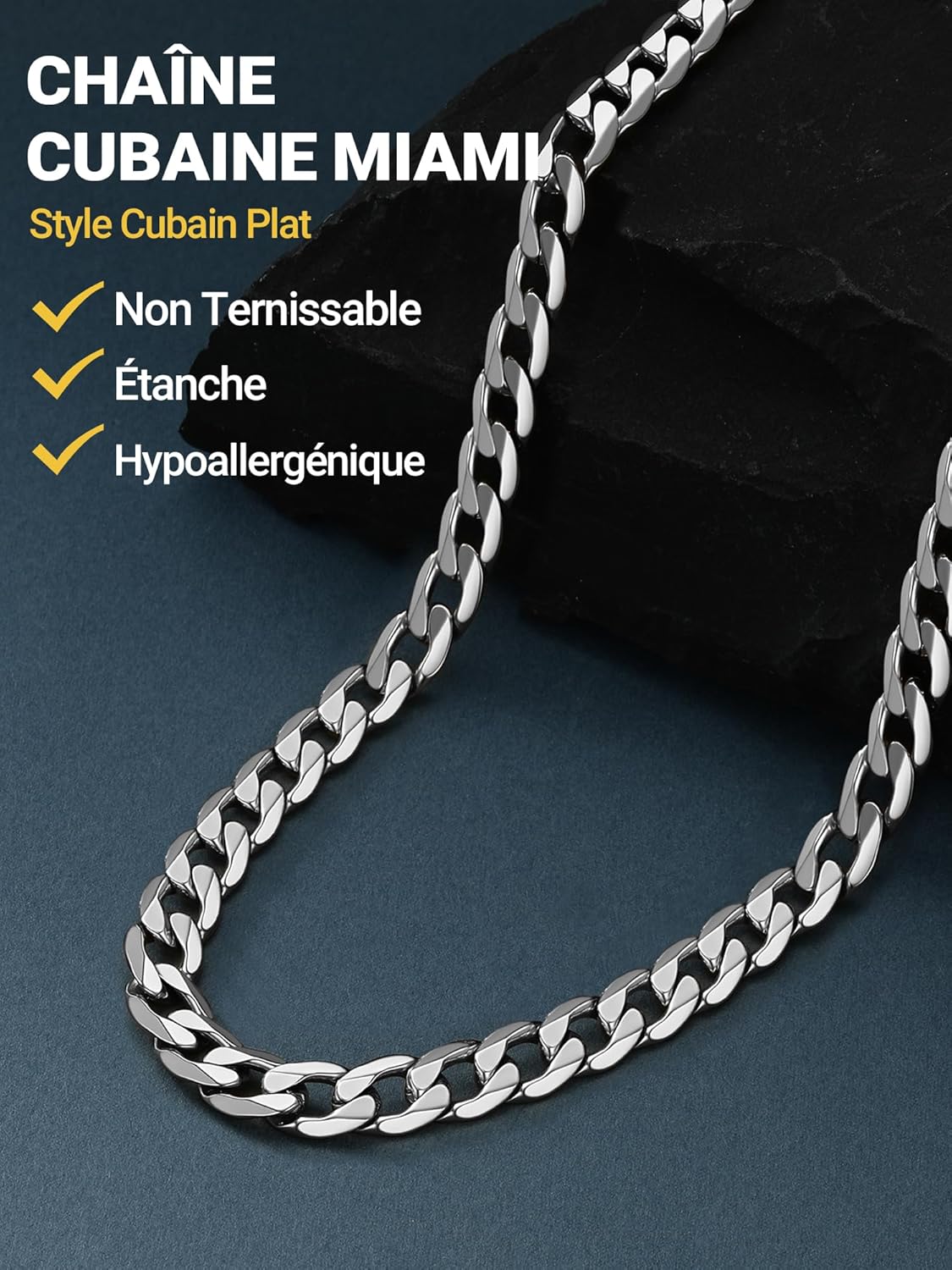 Thumbnail 2 de PROSTEEL Collier Homme Chaine Acier Inoxydable – Maillons Cubains 9 mm avec finitions Argent, Or ou Noir (46–76 cm)