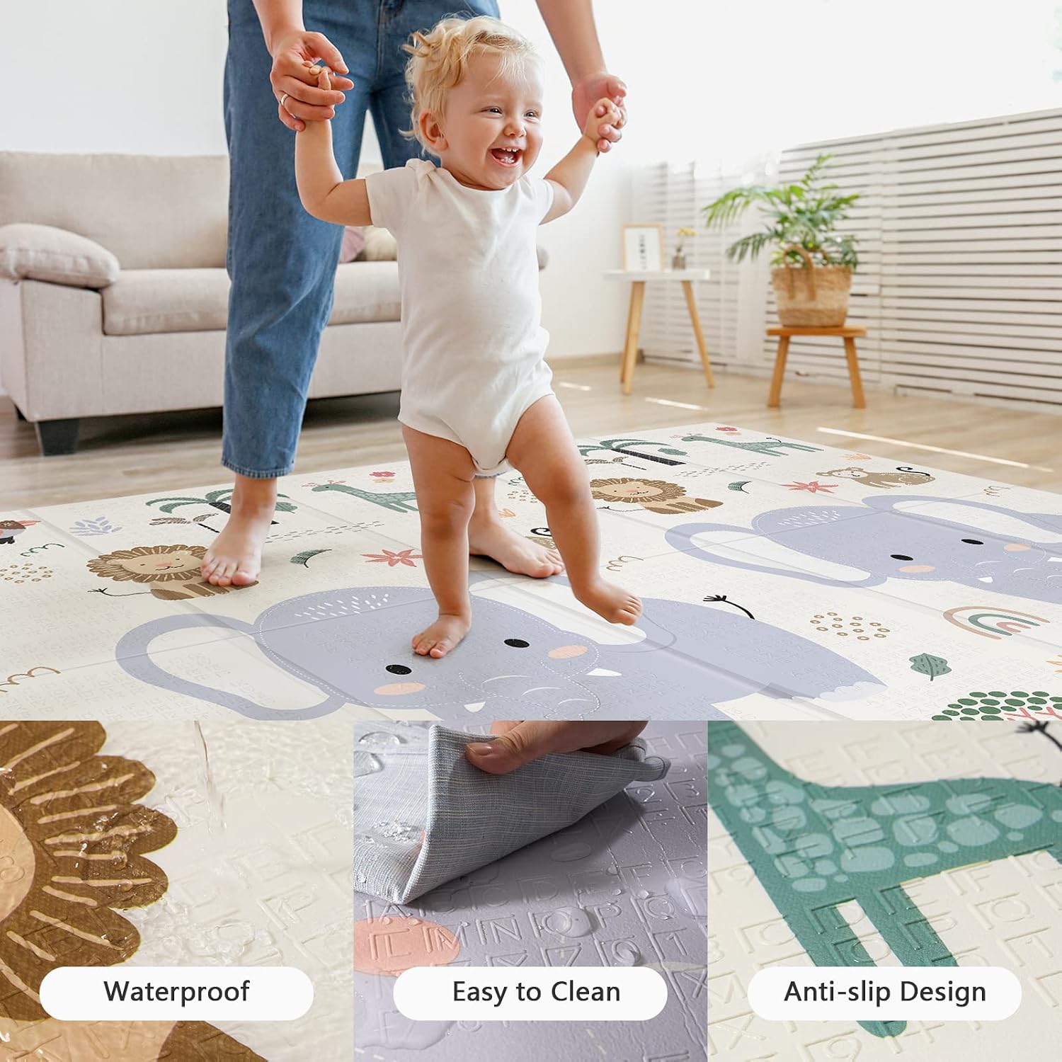 Detalle de NOONKTY 79 x 71-Inch Baby Play Mat, Foldable XPE Foam, Waterproof, Double-Sided