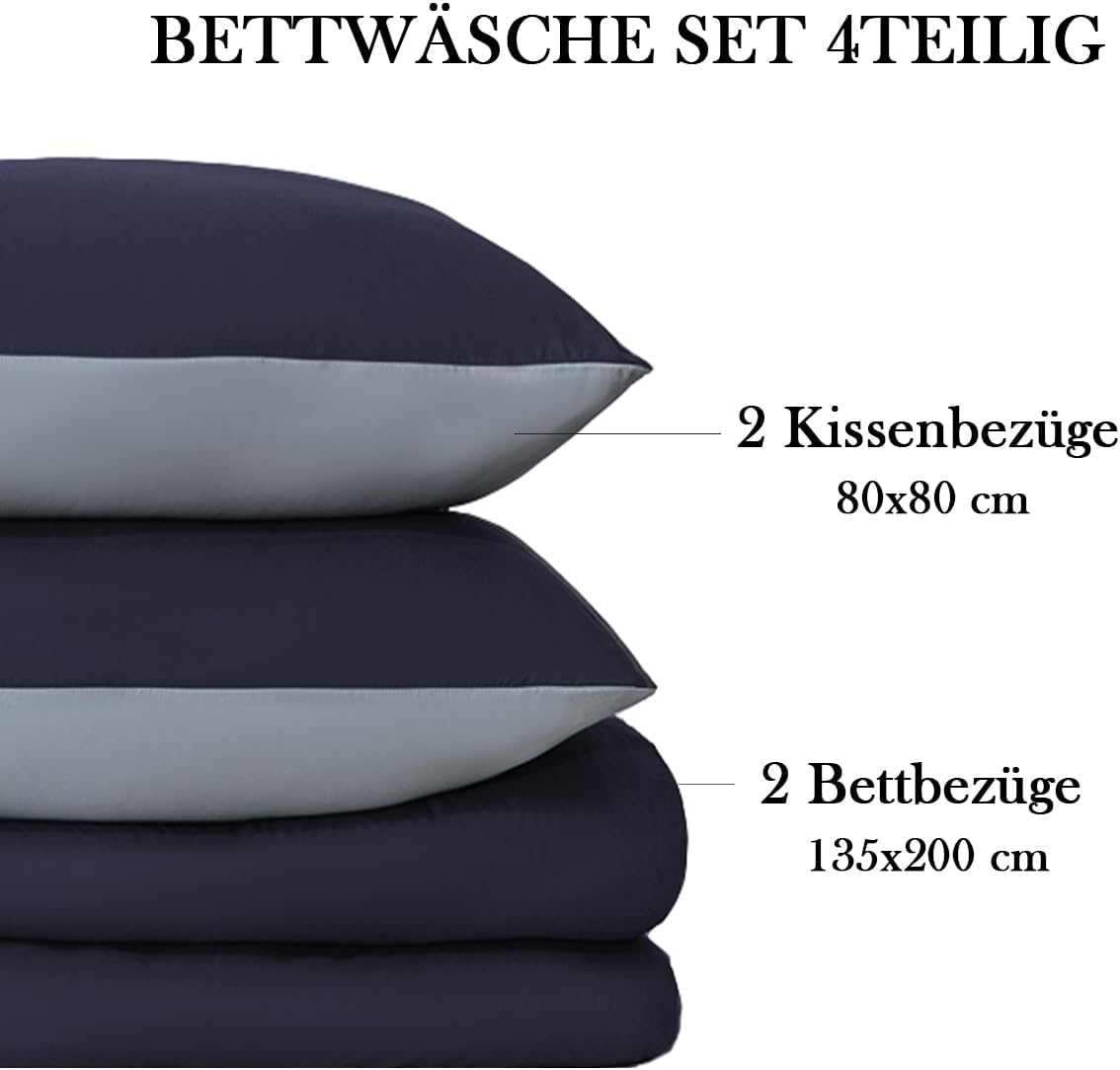Detalle de Nesture Wendebettwäsche 135x200 4-teilig Dunkelblau/Grau (Microfaser) mit Reißverschluss