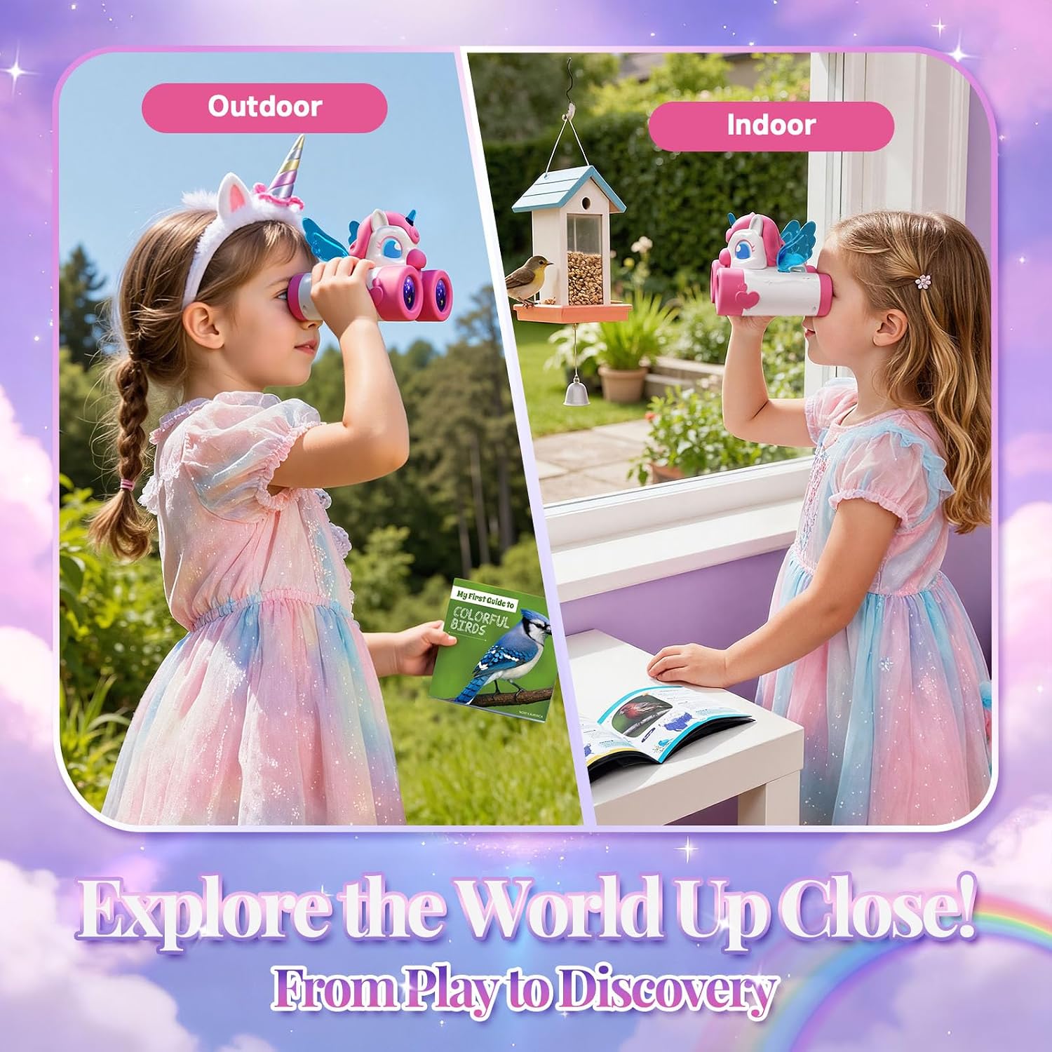 Detalle de Unicorn kids binoculars (ages 3–12) with heart & wings design and bird-watching guide