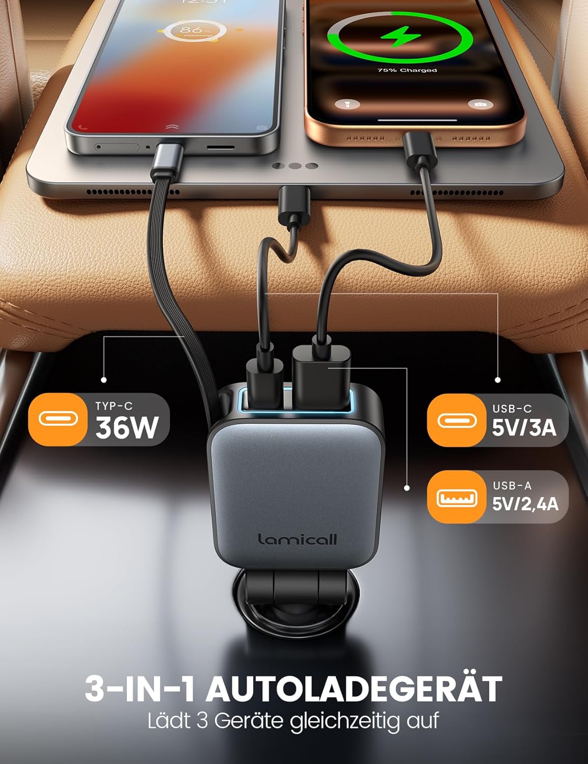 Detalle de Lamicall 3 IN 1 Zigarettenanzünder USB C Auto Ladegerät – Ultraklein, 63W, integriertes Einziehbares Kabel