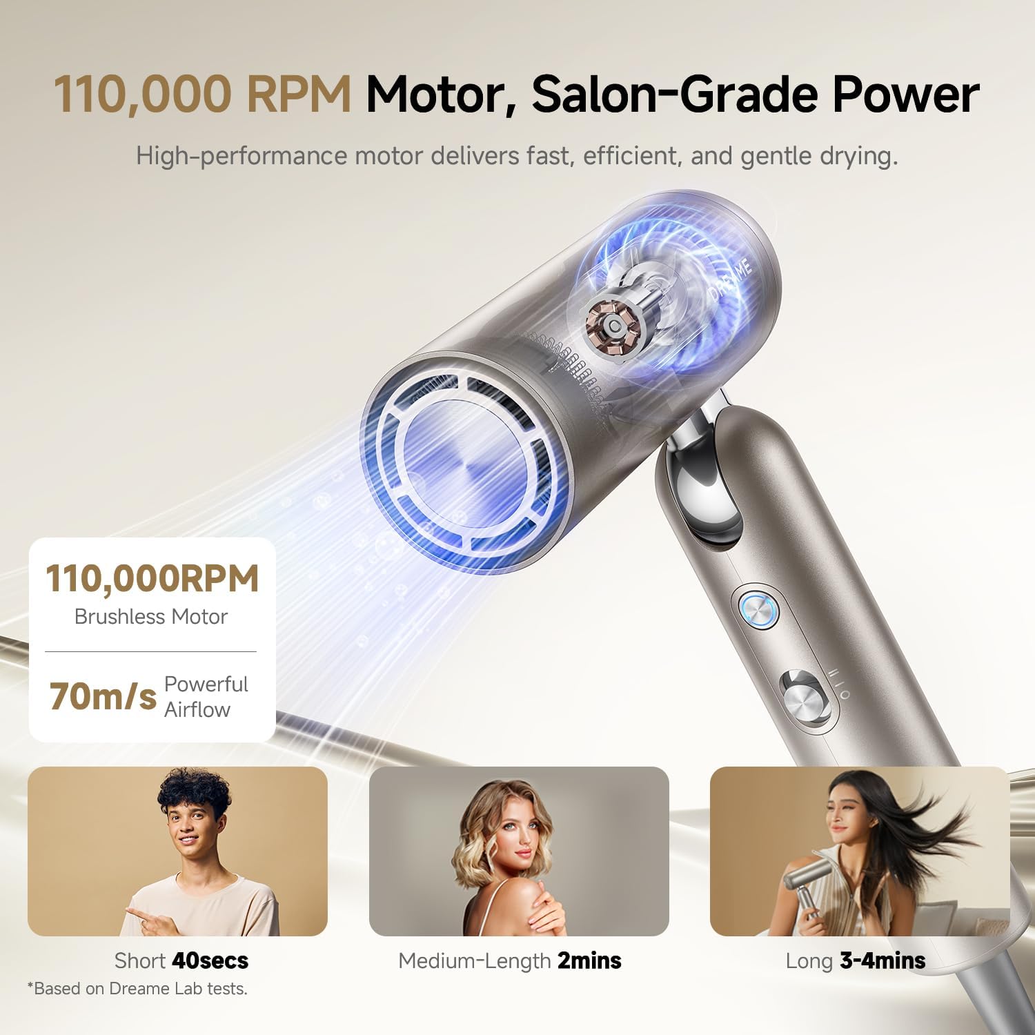 Detalle de dreame AHD51 Pocket Foldable Hair Dryer, 110,000 RPM, Ionic Care