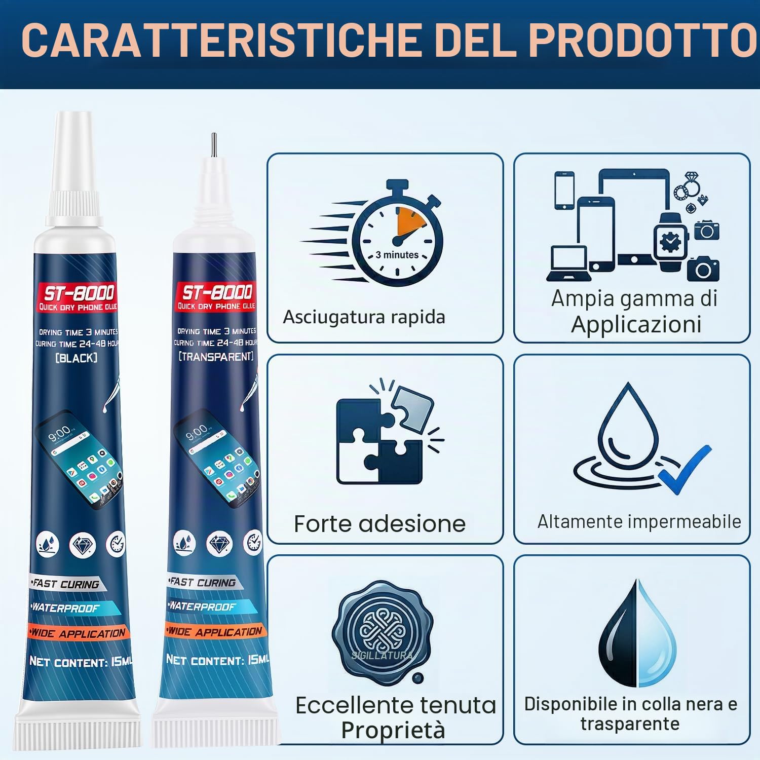 Detalle 2 de Colla Schermo Cellulare - Kit 30 ml (15 ml Nero + 15 ml Trasparente) con Strumenti per Riparazioni, Uso Versatile