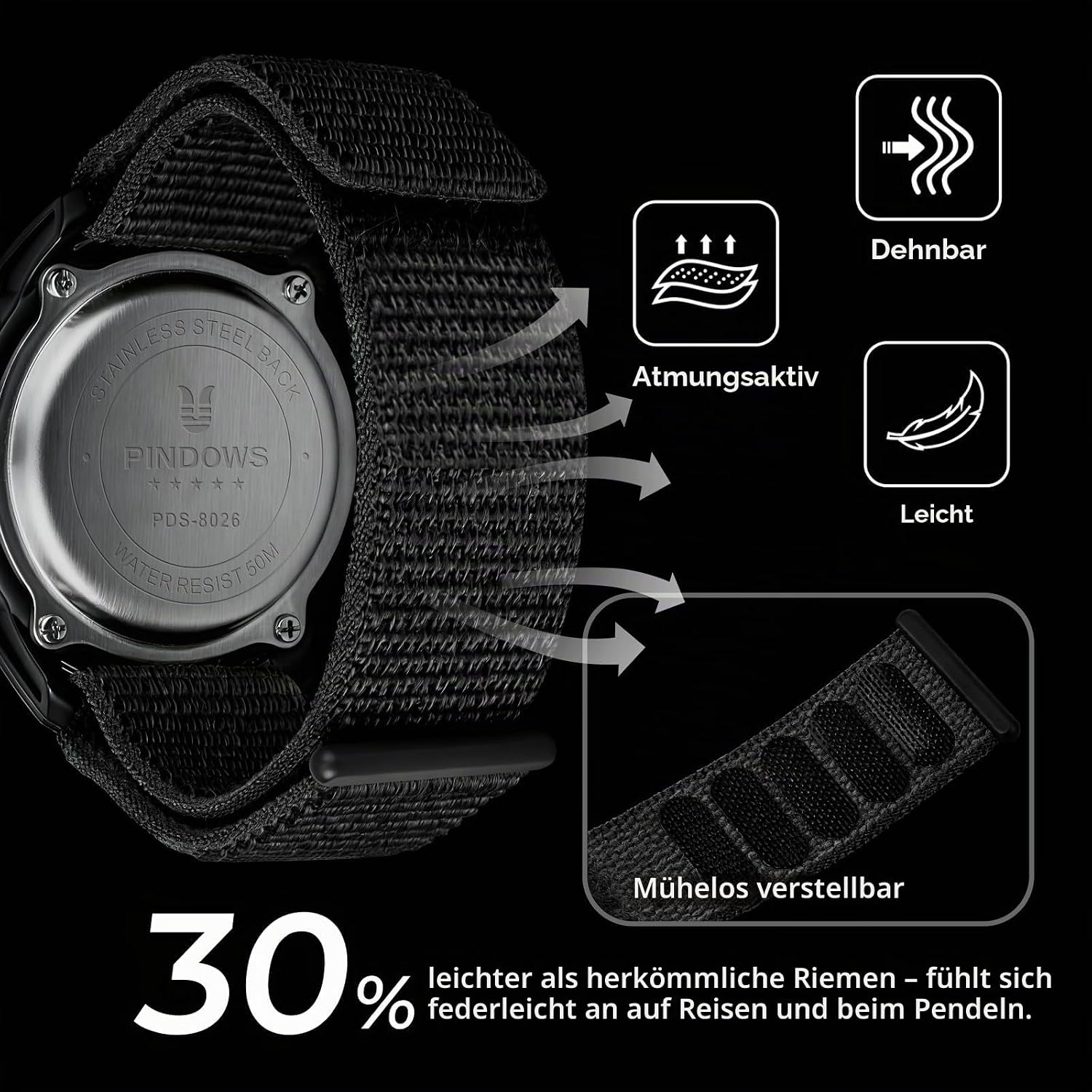 Detalle 2 de PINDOWS Herren Digitaluhr – Militär, Outdoor & Sport, 50 m Wasserdicht