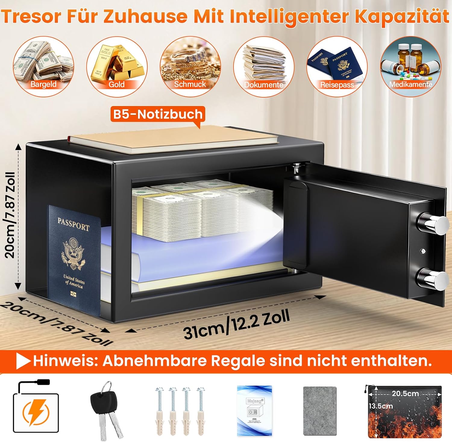 Detalle de Mejasg Safe Tresor Zuhause mit feuerfester Tasche – 15 L, USB-C, Alarm- und Silent-Modus, Wand- bzw. Möbeltresor