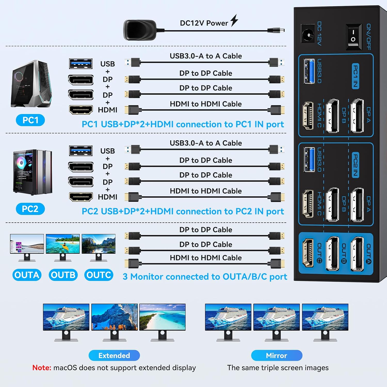 Detalle 2 de VPFET SW232-Deep Blue Triple-Monitor KVM Switch, 8K@60Hz, 4K@120Hz, USB 3.0
