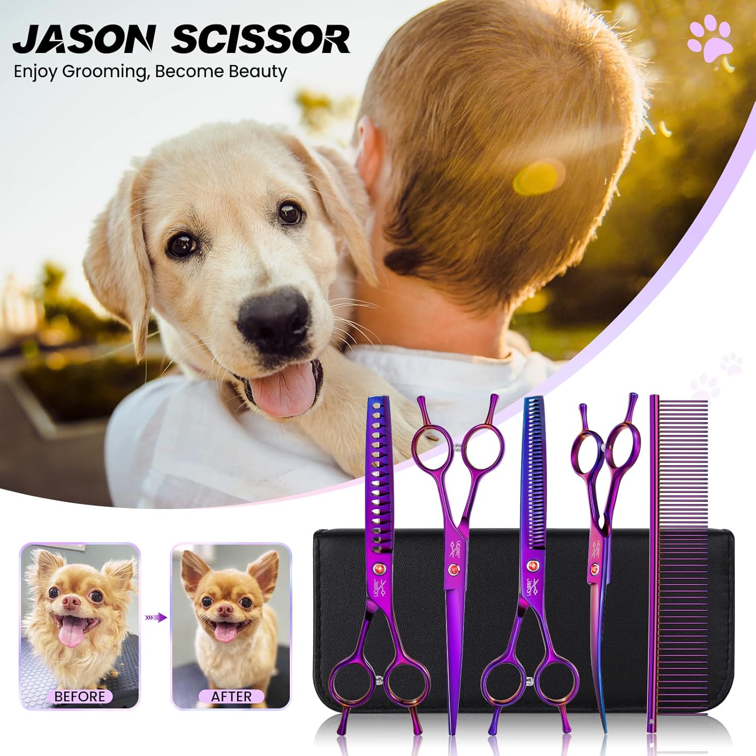 Thumbnail 1 de JASON Lot de ciseaux professionnels 6 en 1 pour chien – 7,5" en acier japonais 440C, lame stable et ergonomie