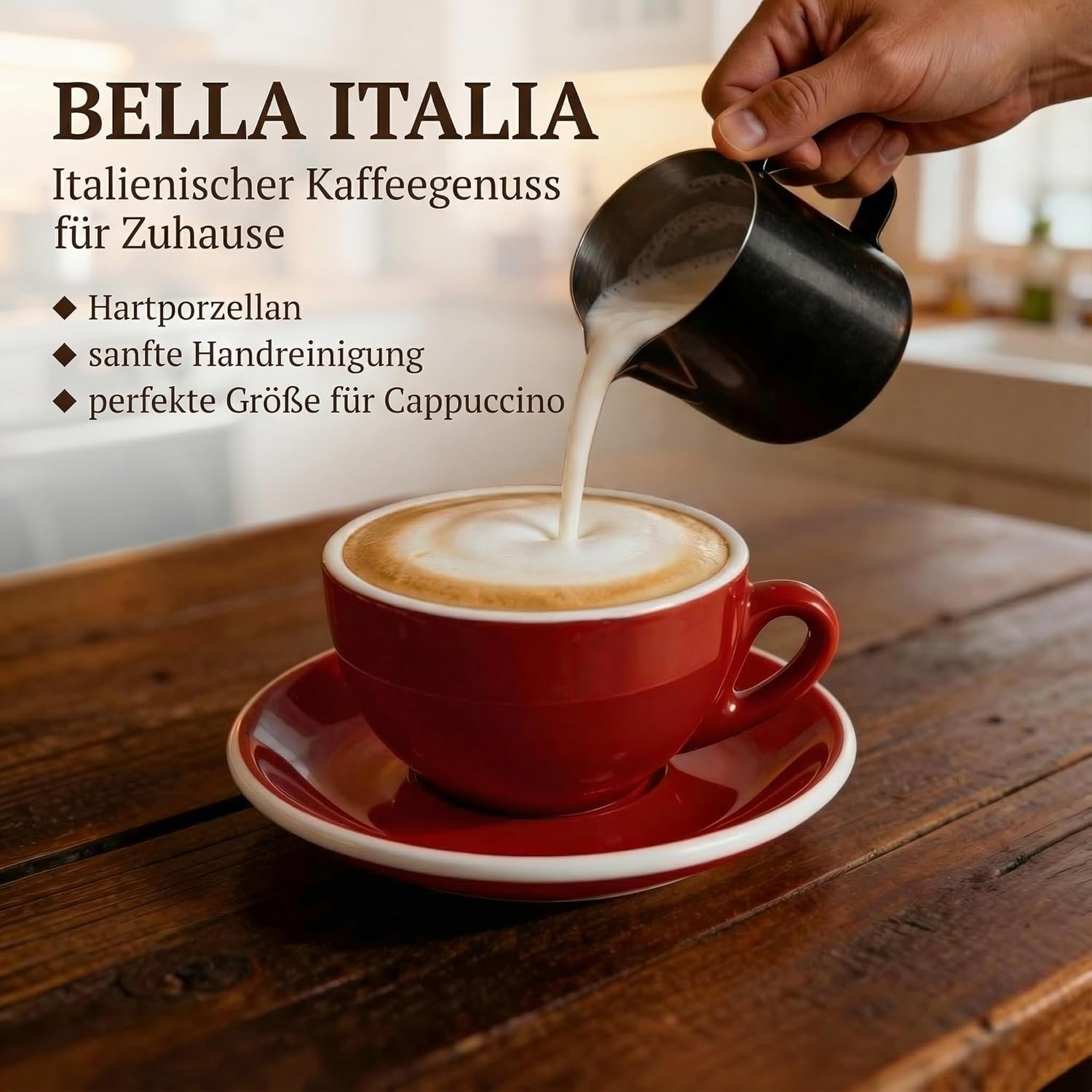 Detalle de MUVELL 6x Cappuccinotassen Rot – Italian Style, spülmaschinenfest, Geschenkset mit Untertassen