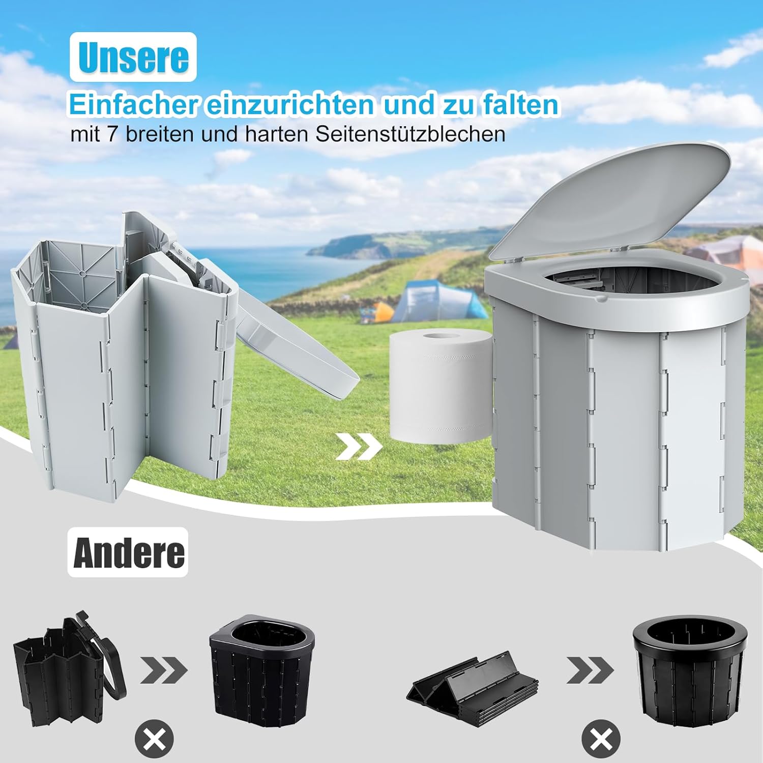 Detalle 2 de WADEO Tragbare Campingtoilette mit Deckel bis 200 kg