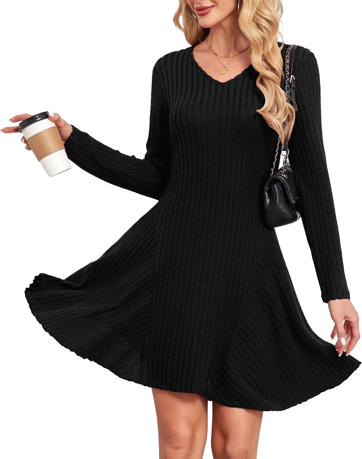 Detalle 2 de SENBATU Robe tricotée pour femmes – robe d’automne élégante à manches longues et col en V
