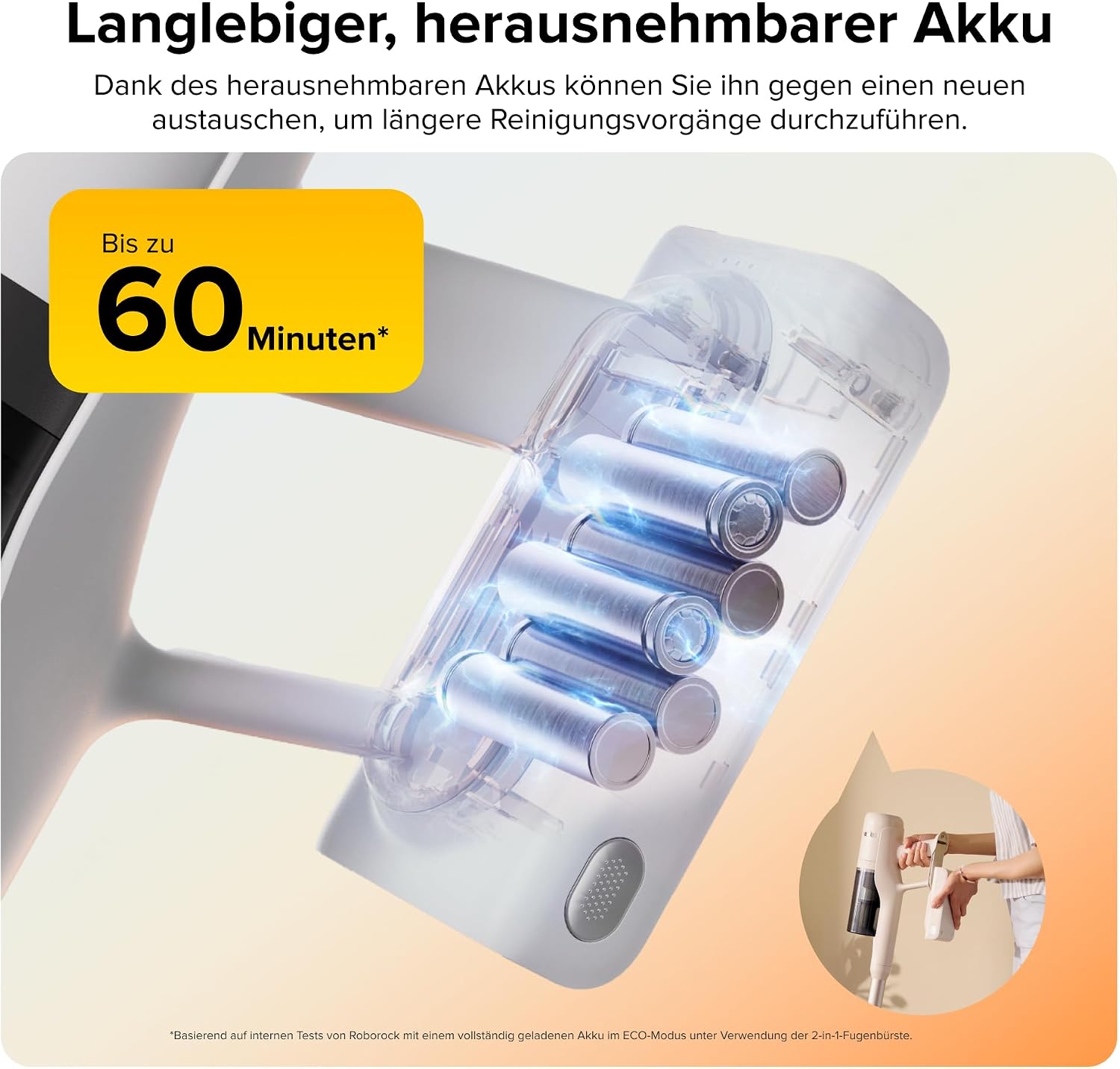 Detalle de roborock H60 Akku Staubsauger: 27000 Pa, 60 Minuten, 90° flexibler Schlauch