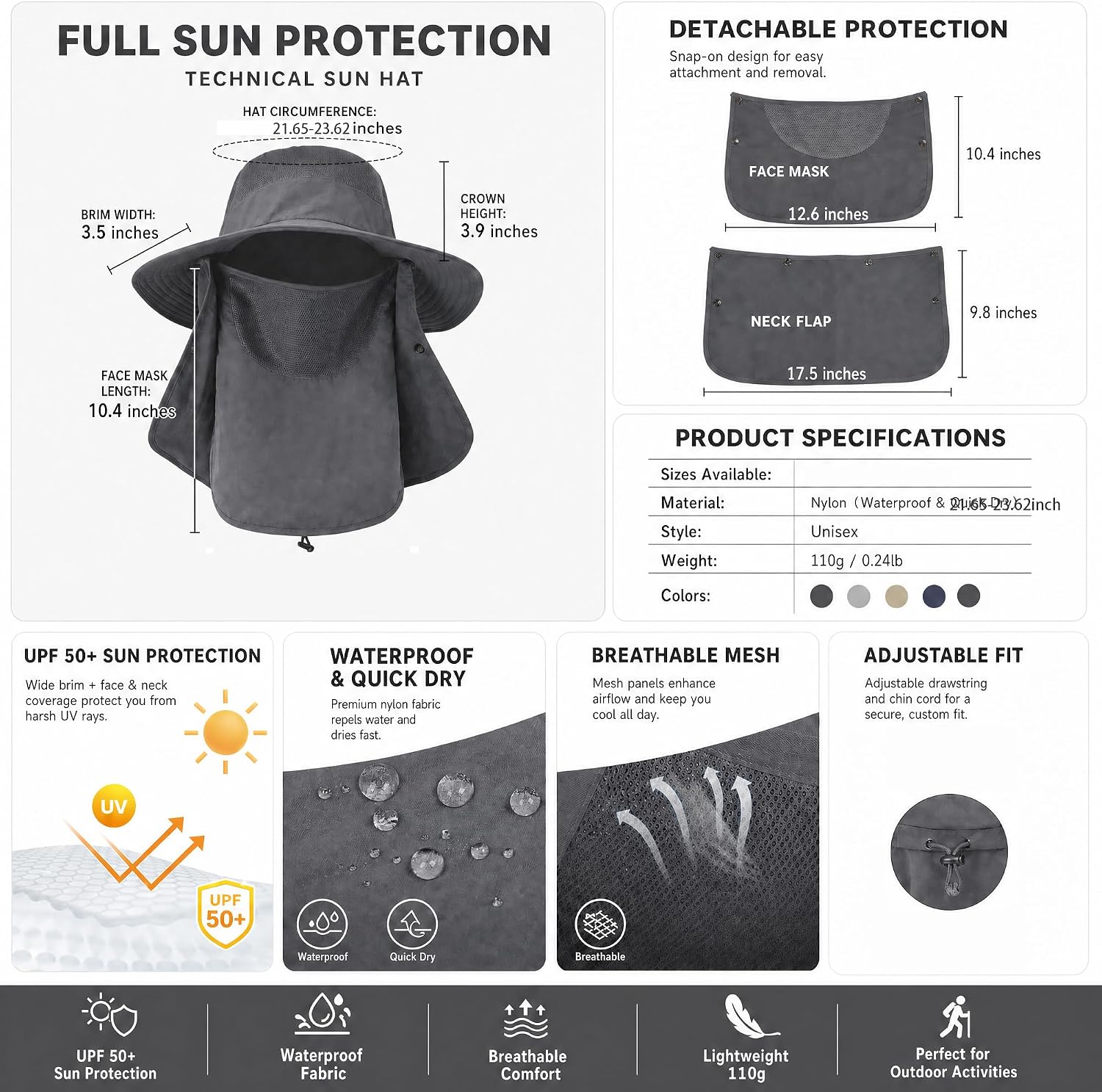 Detalle 2 de Gsoyti Detachable Sun Hat with Wide Brim, UPF 50, Face Cover and Neck Flap