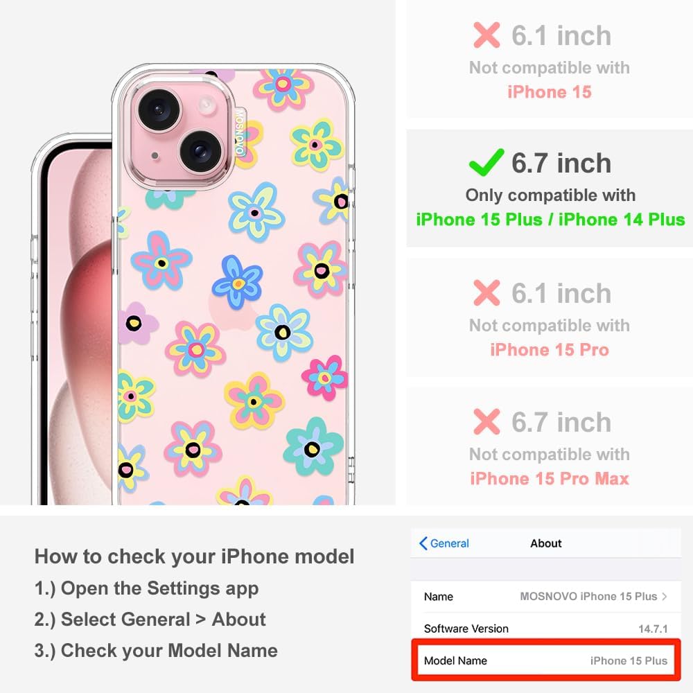 Thumbnail 1 de MOSNOVO Case for iPhone 15 Plus / 14 Plus — Buffertech 6.6ft Drop Protection, Clear Groovy Flower Bumper