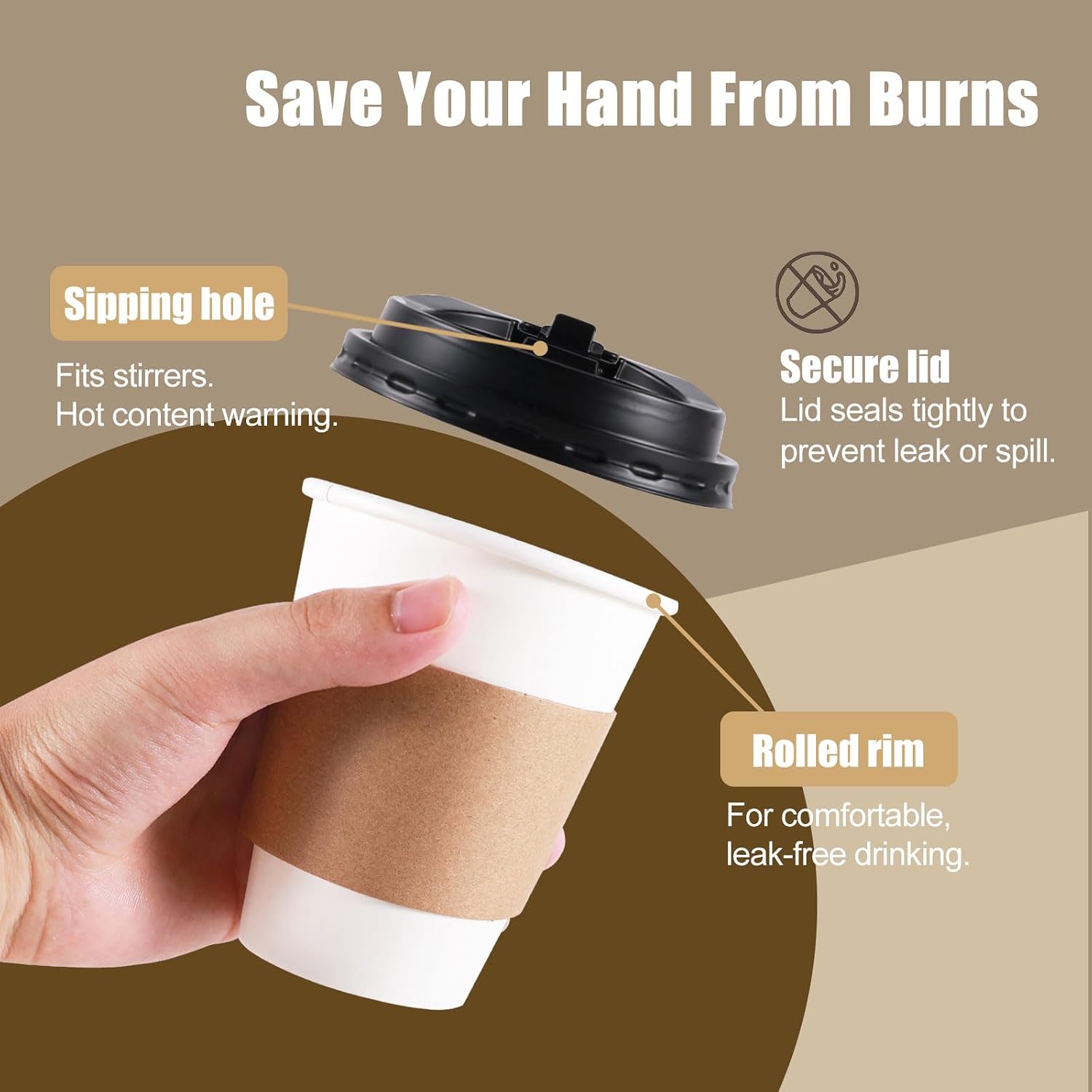 Detalle 2 de WUHUIXOZ 3 12 oz Paper Coffee Cups with Lids and Sleeves
