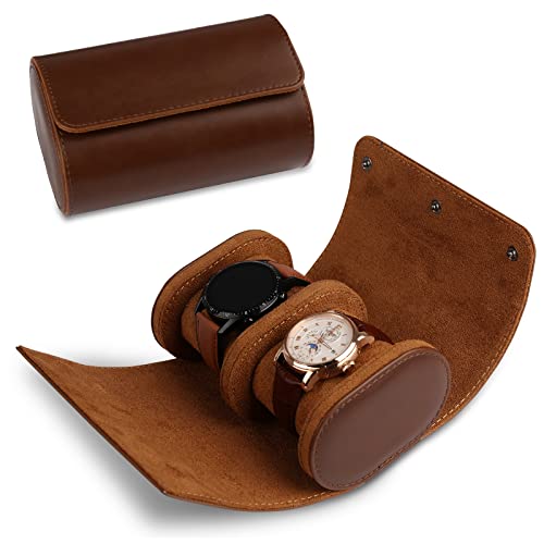 Detalle de RoYiio Caja de Reloj Cilíndrica con 2 Ranuras – Estuche de viaje luxe en Marrón para relojes
