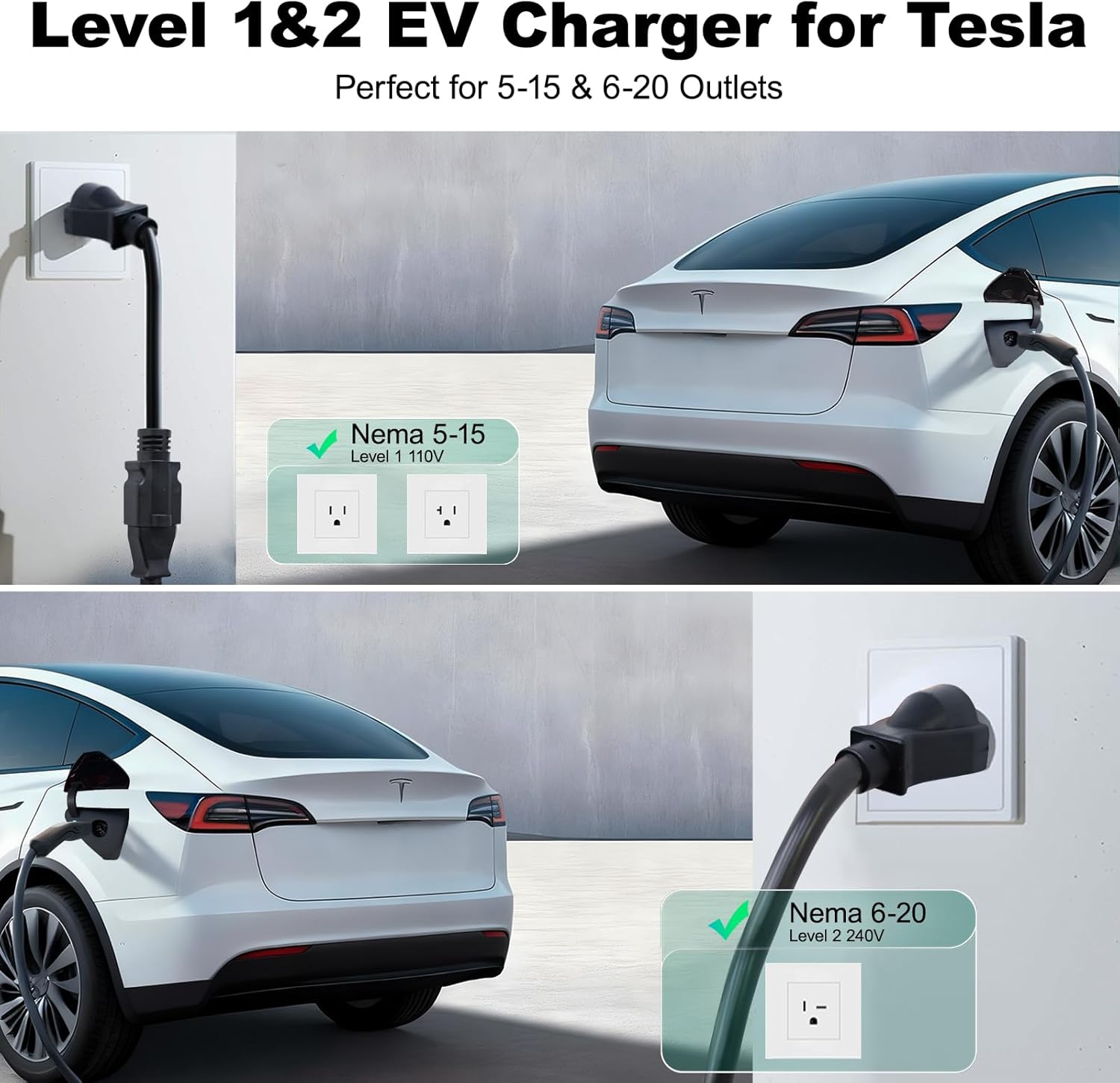 Detalle 2 de VDLPOWERVP Level 1/2 Tesla Portable Charger (16A, NEMA 6-20 & 5-15, 20FT cable)