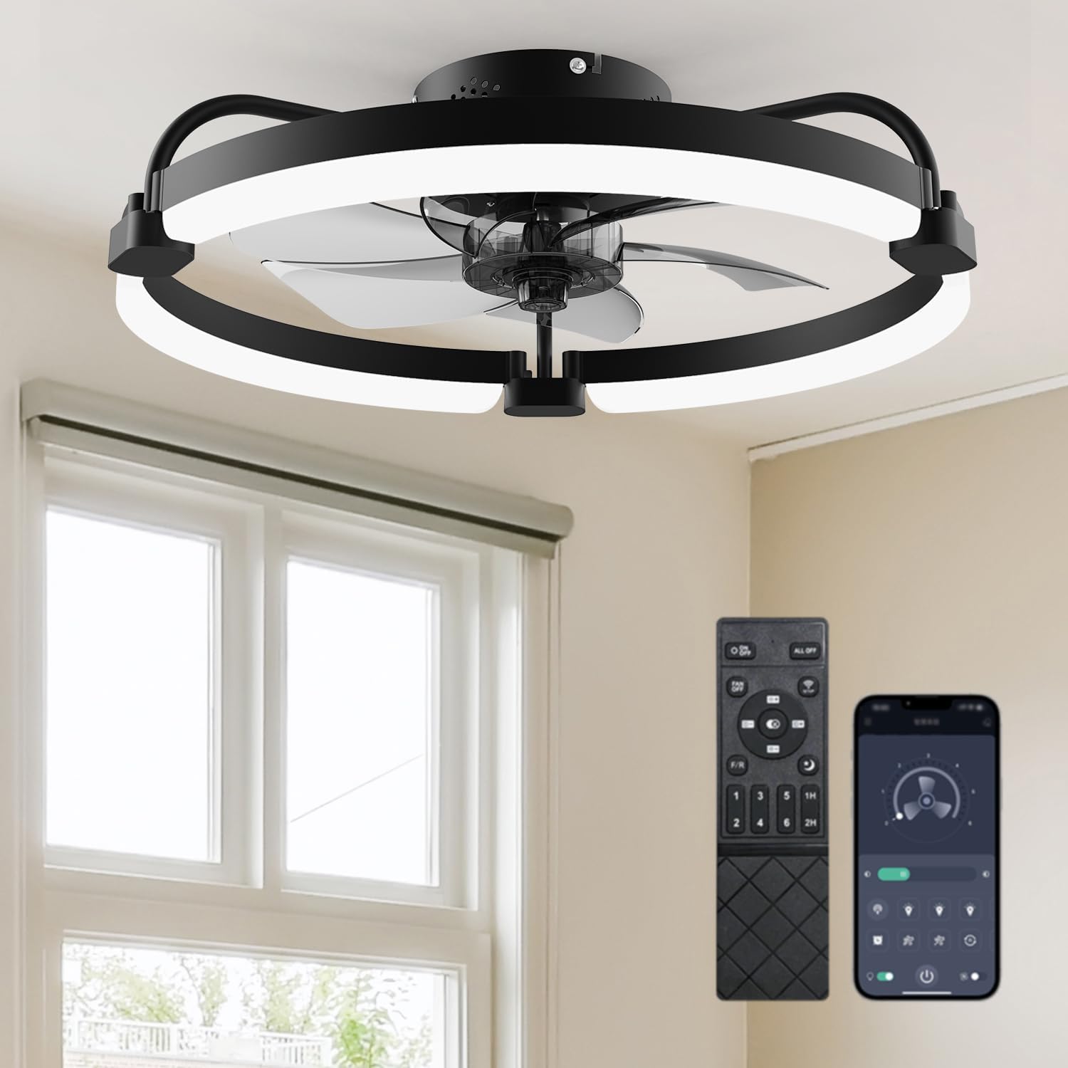 Detalle de Ensenior Deckenventilator mit Beleuchtung – 50 cm, flaches Design, 6 Stufen, dimmbares Licht, Fernbedienung und App-Steuerung