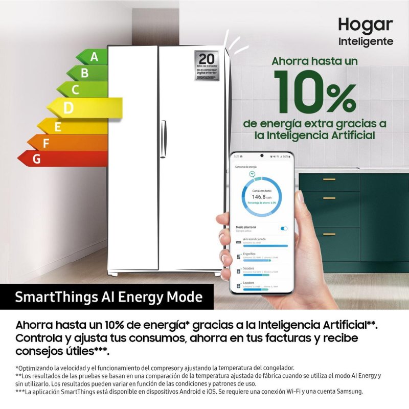 Detalle de Frigorífico Samsung Americano 178 cm, 640 L, Inox No Frost con Wi‑Fi y Dispensador AI