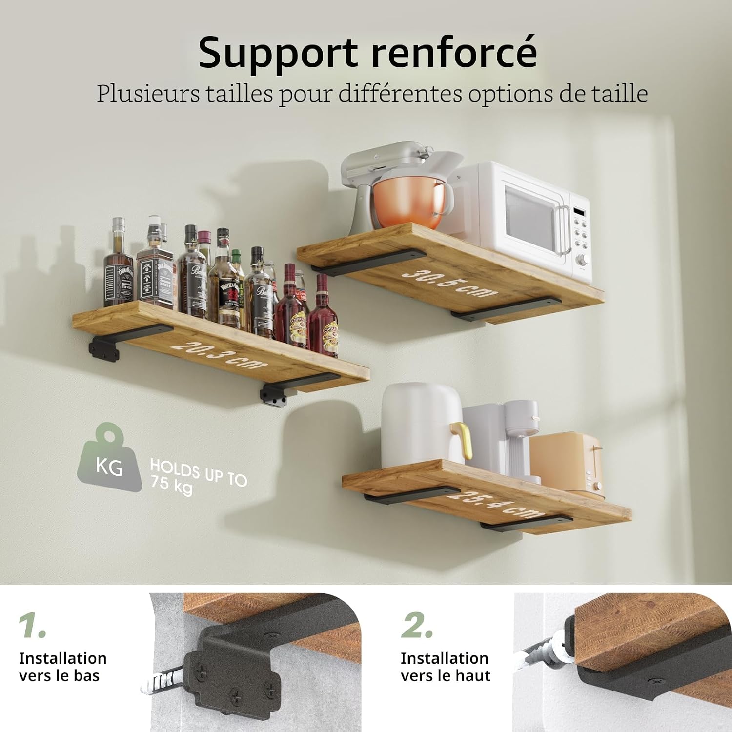 Thumbnail 2 de WELDUN Lot de 6 supports d’étagère flottants noirs (20 cm) avec capacité 75 kg
