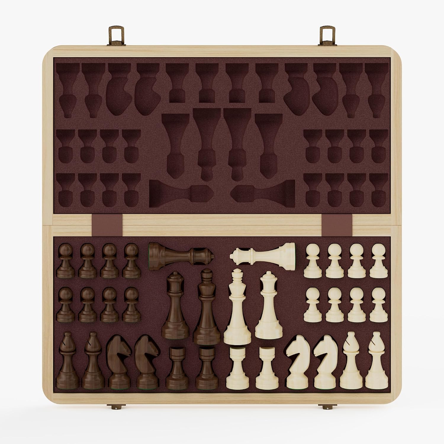 Detalle de Magnetisches Schachspiel 15 Zoll – Klappbares Schachbrett aus Kiefernholz, Kaffee Braun