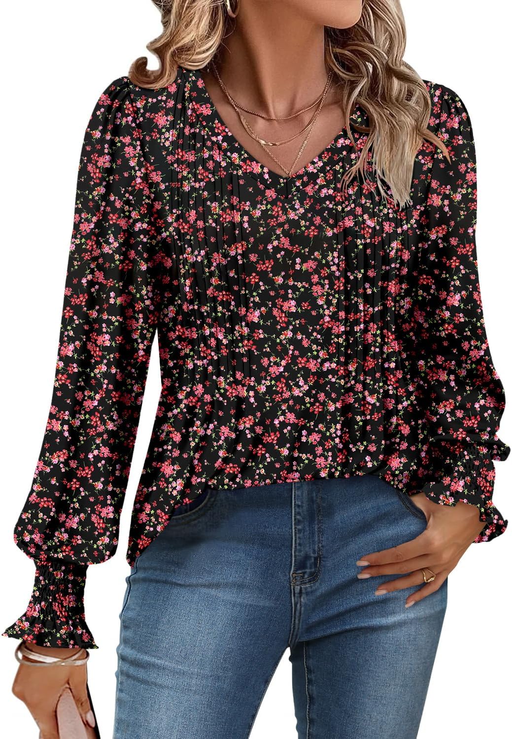 Detalle de onlypuff Women's V-Neck Tunic Top with Pleats and Puff Sleeves